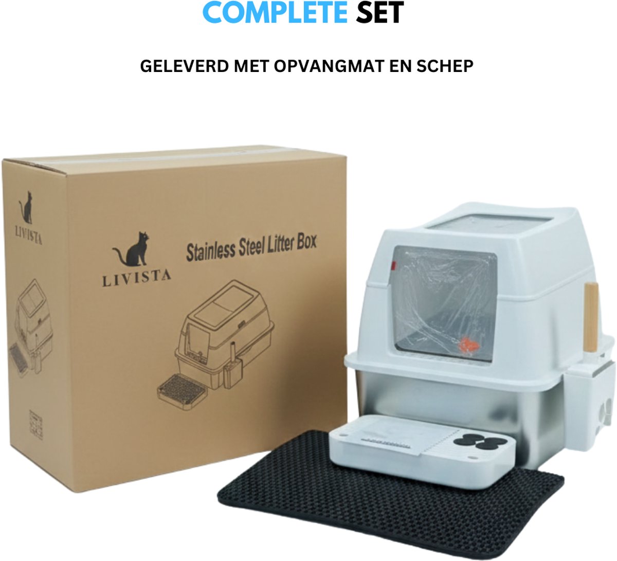 Miniatuur van productfoto 6 van Livista RVS Kattenbak - Kattentoilet Roestvrijstaal - Incl. Kattenbakschep met Houder en Gritopvang Opstapje - 2 in 1 Open Kattenbak met Afneembare Deksel - 60x40x38cm - Wit