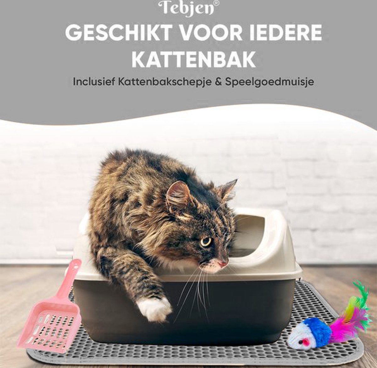 Miniatuur van productfoto 2 van TEBJEN Kattenbakmat – 45cm * 60cm - Kattenbak Mat Grit Opvanger - Schoonloop Katten mat – Dubbele Waterdichte Laag – Uitloopmat Kattenbak – Kattenbak Accessoires - Met Speelgoedmuisje En Schepje - Grijs