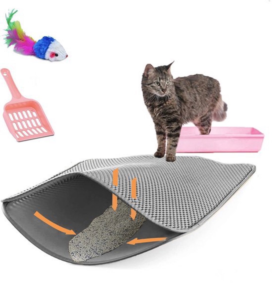 Miniatuur van productfoto 3 van TEBJEN Kattenbakmat – 45cm * 60cm - Kattenbak Mat Grit Opvanger - Schoonloop Katten mat – Dubbele Waterdichte Laag – Uitloopmat Kattenbak – Kattenbak Accessoires - Met Speelgoedmuisje En Schepje - Grijs