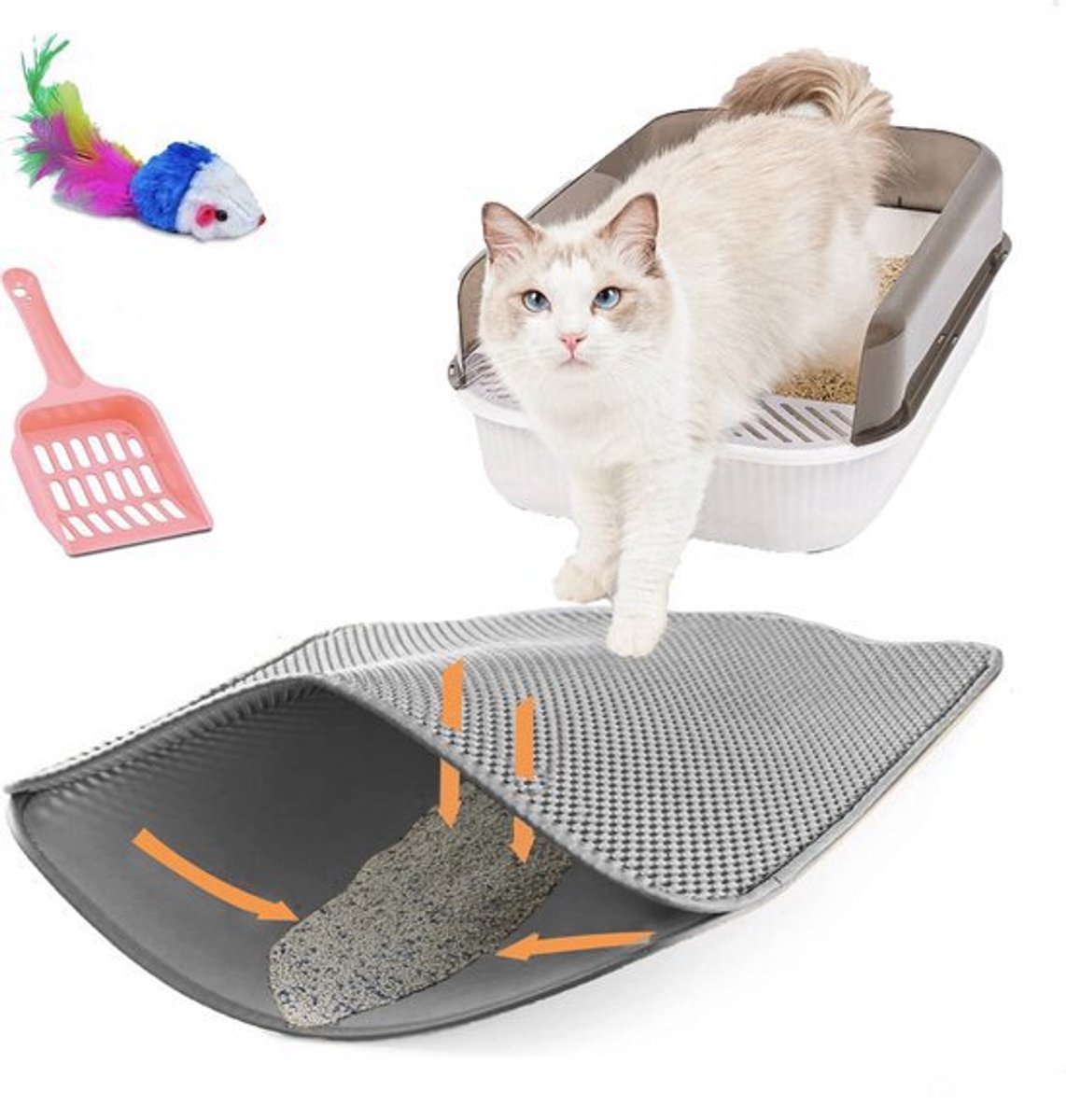 Miniatuur van productfoto 2 van TEBJEN XXL Kattenbakmat - 55cm * 75cm - Met Speelgoedmuisje En Schepje - Schoonloopmat Kattenbak – Katten Grit Opvanger – Dubbele Waterdichte Laag – Uitloopmat Kattenbak – Kattenverzorging – Kattenbak Accessoires - Kat Benodigdheden - Grijs