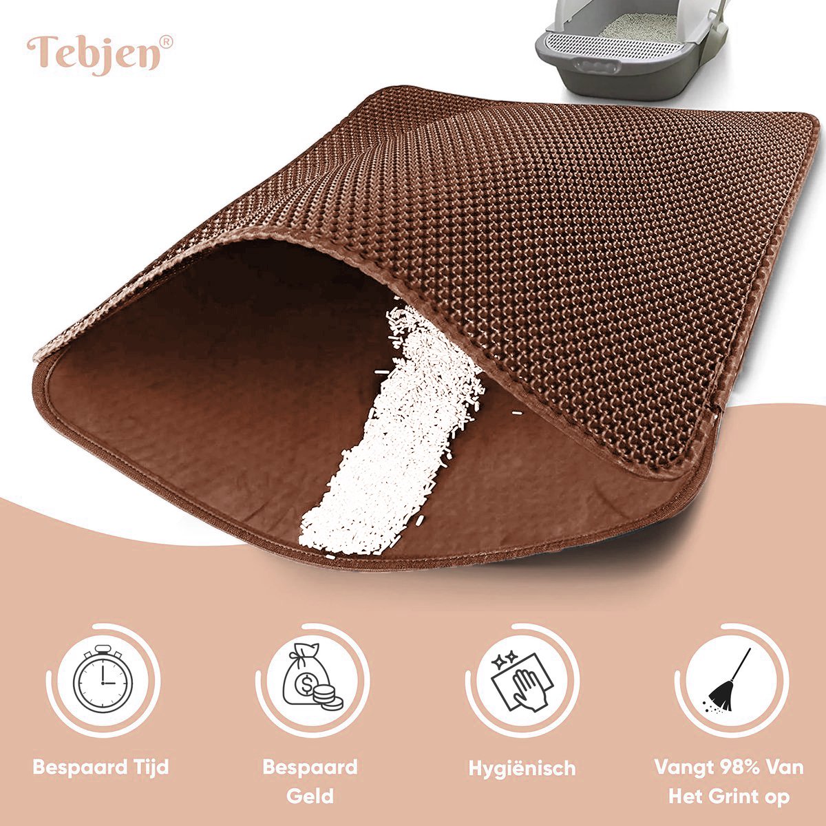 Miniatuur van productfoto 2 van TEBJEN Kattenbakmat - 40cm * 50cm – Kattenbak Mat Grit Opvanger - Schoonloop Katten mat – Dubbele Waterdichte Laag – Uitloopmat Kattenbak – Kattenbak Accessoires - Met Speelgoedmuisje En Schepje - Donker Bruin