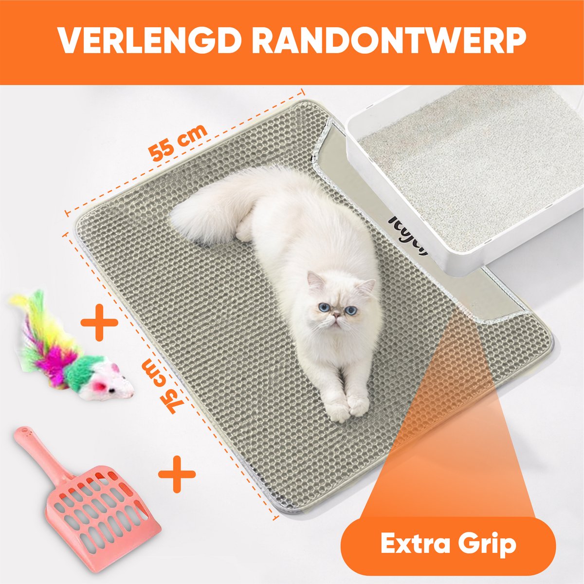 Productfoto 1 van TEBJEN XXL Kattenbakmat - 55cm * 75cm - Met Speelgoedmuisje En Schepje - Schoonloopmat Kattenbak – Katten Grit Opvanger – Dubbele Waterdichte Laag – Uitloopmat Kattenbak – Kattenverzorging – Kattenbak Accessoires - Klittenband - Beige