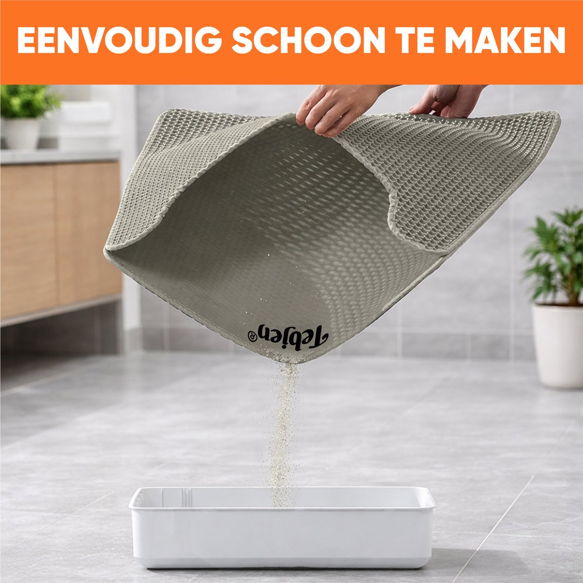 Miniatuur van productfoto 6 van TEBJEN XXL Kattenbakmat - 55cm * 75cm - Met Speelgoedmuisje En Schepje - Schoonloopmat Kattenbak – Katten Grit Opvanger – Dubbele Waterdichte Laag – Uitloopmat Kattenbak – Kattenverzorging – Kattenbak Accessoires - Klittenband - Beige