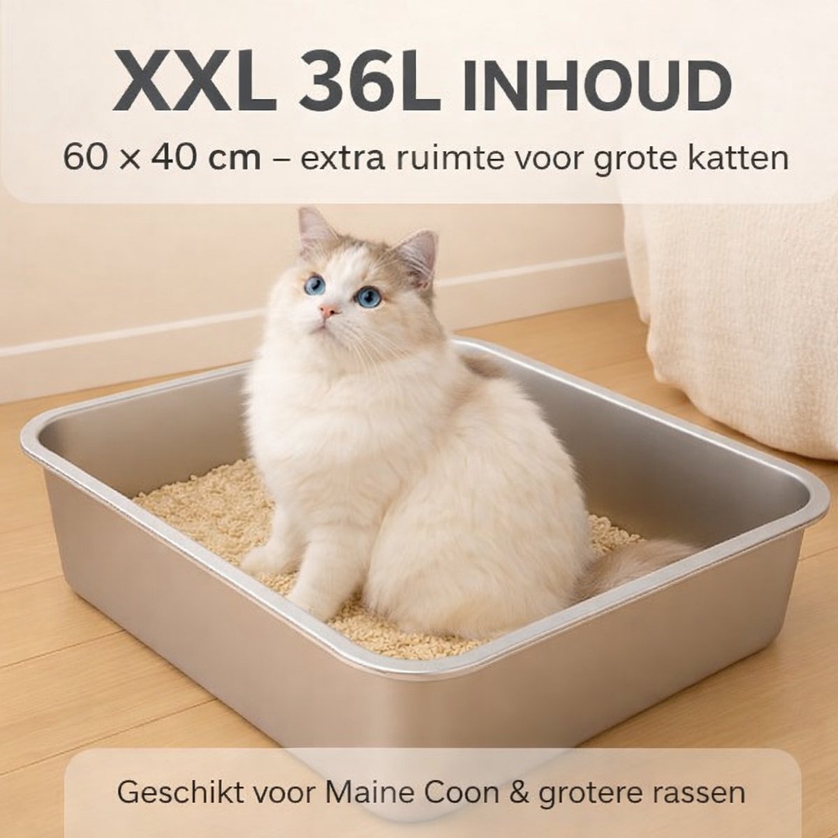 Miniatuur van productfoto 2 van RVS kattenbak XXL – Voor grote katten & Maine Coon – Inclusief mat & schep – 60×40×15 cm