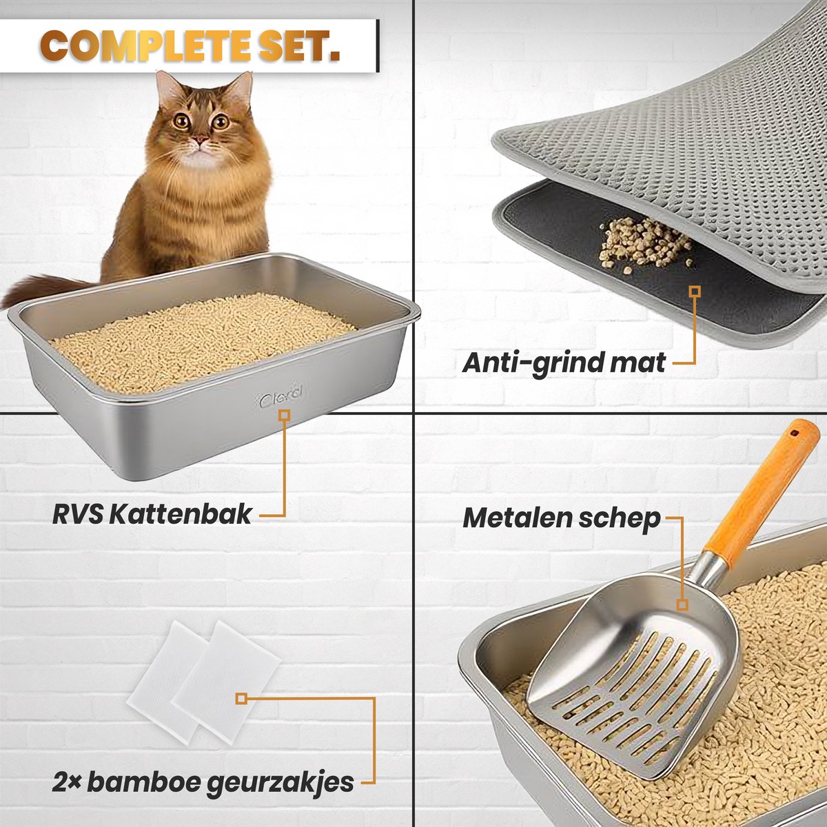 Miniatuur van productfoto 3 van RVS kattenbak XXL – Voor grote katten & Maine Coon – Inclusief mat & schep – 60×40×15 cm