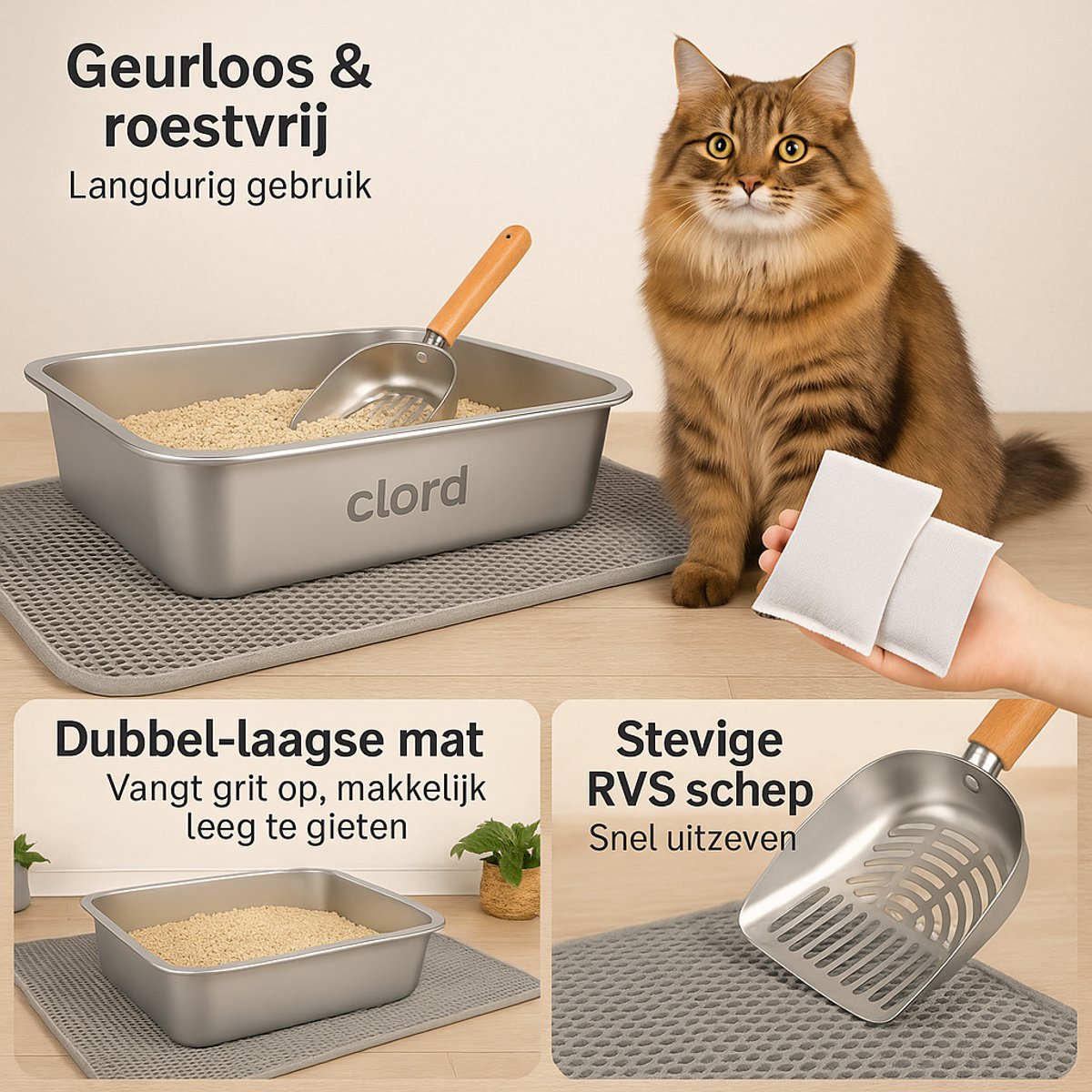 Miniatuur van productfoto 5 van RVS kattenbak XXL – Voor grote katten & Maine Coon – Inclusief mat & schep – 60×40×15 cm