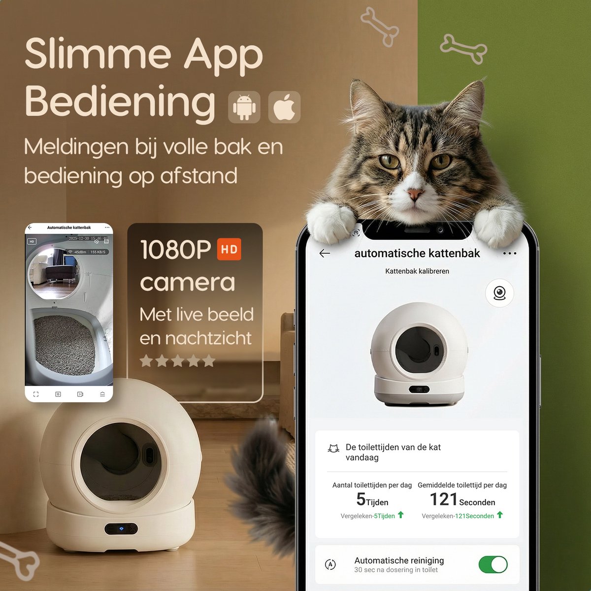 Miniatuur van productfoto 6 van Automatische Kattenbak XXL – 72L – Zelfreinigende Kattenbak met Camera – Veiligheidssensoren – Geschikt voor Meerdere Katten – App-bediening – Uitloopmat en Geurverdrijver – 7L Afvalbak – Zelfschoonmakende Kattenbak – Prime AnimalZ – 2026 – Wit