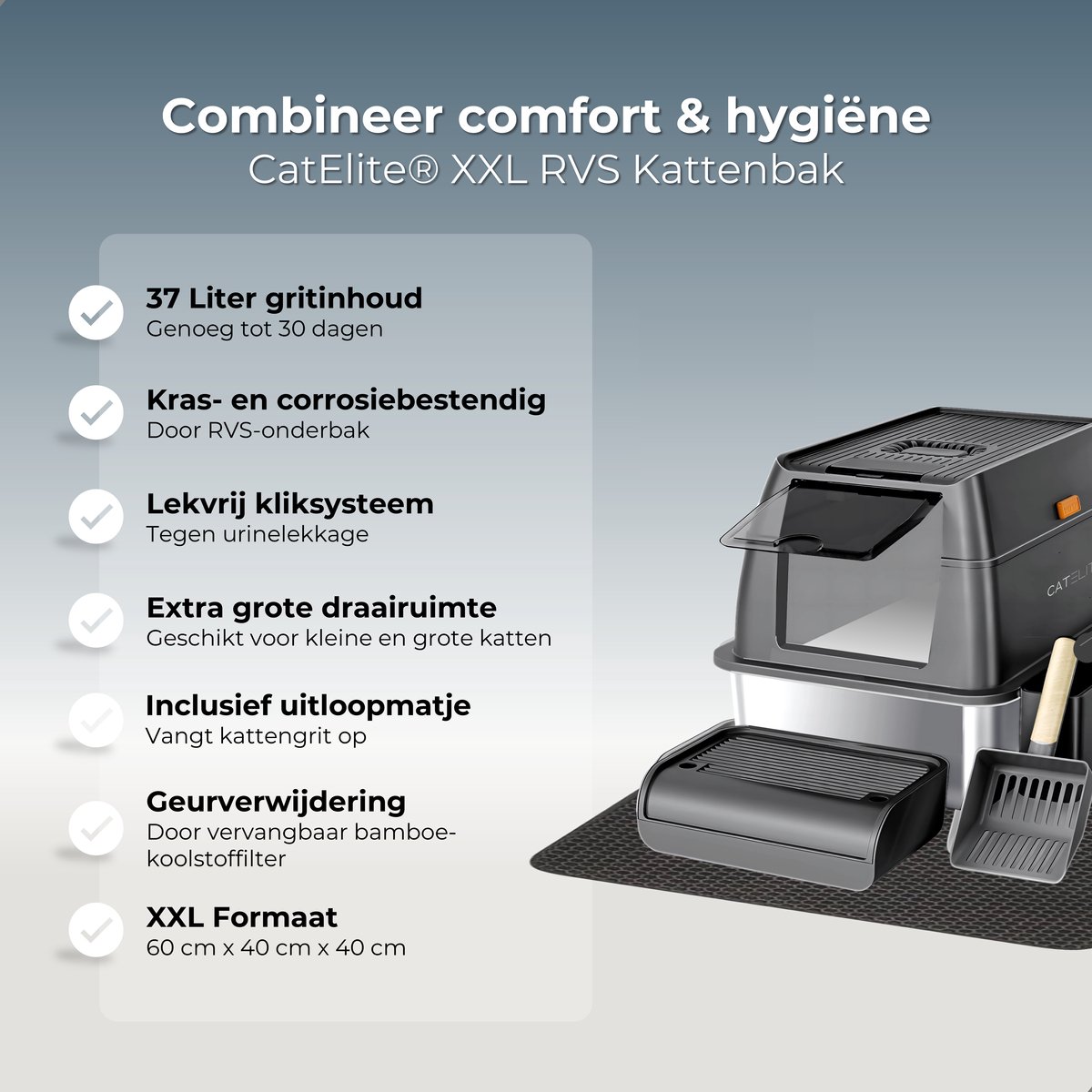 Miniatuur van productfoto 6 van CatElite® - Premium Kattenbak XXL RVS | Base - Incl. Geurneutralisator - Incl. Kattenbakschep, Grit Opvanger & Uitloopmat - Voor Grote & Kleine Katten - 37L Inhoud Groot - Zwart