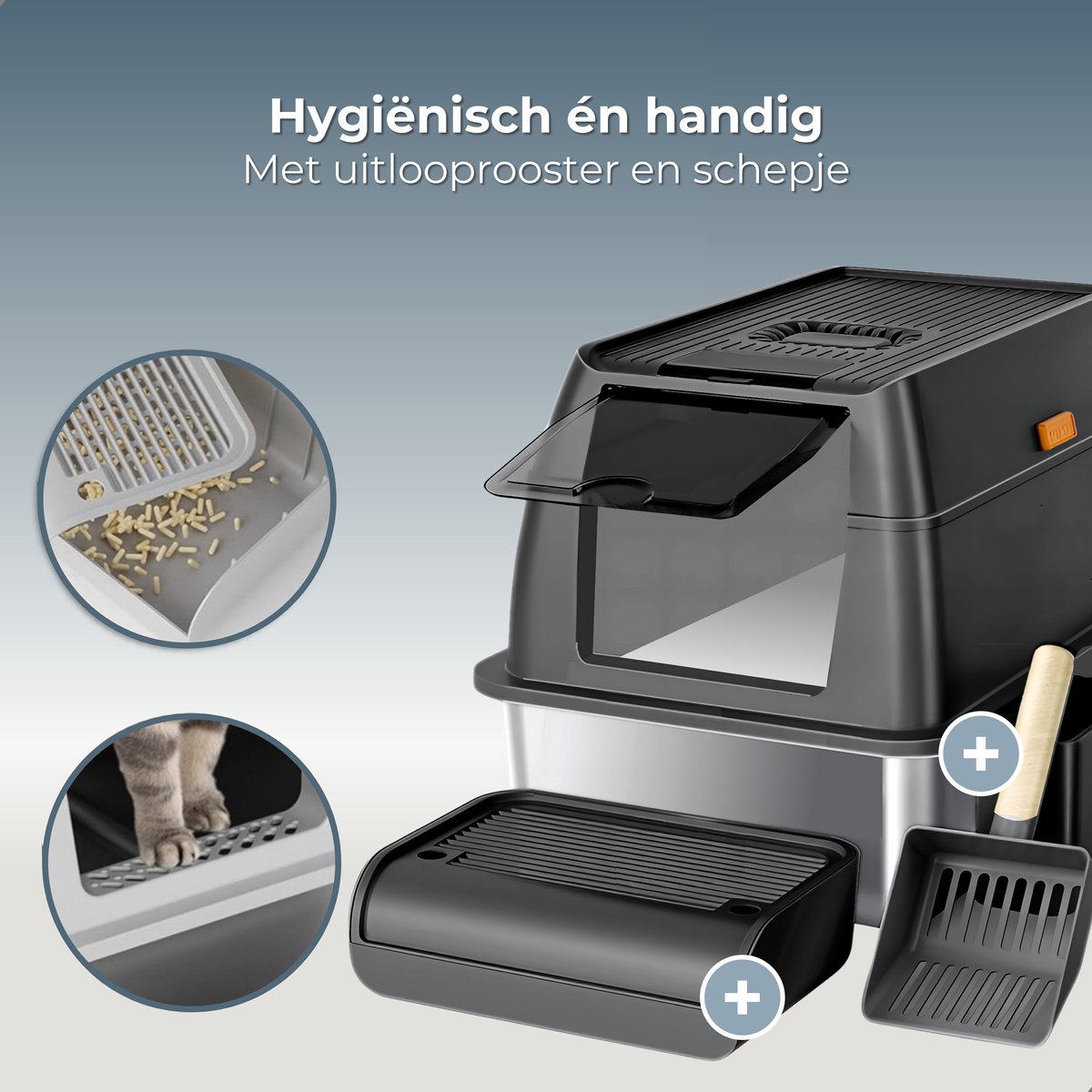 Miniatuur van productfoto 8 van CatElite® - Premium Kattenbak XXL RVS | Base - Incl. Geurneutralisator - Incl. Kattenbakschep, Grit Opvanger & Uitloopmat - Voor Grote & Kleine Katten - 37L Inhoud Groot - Zwart