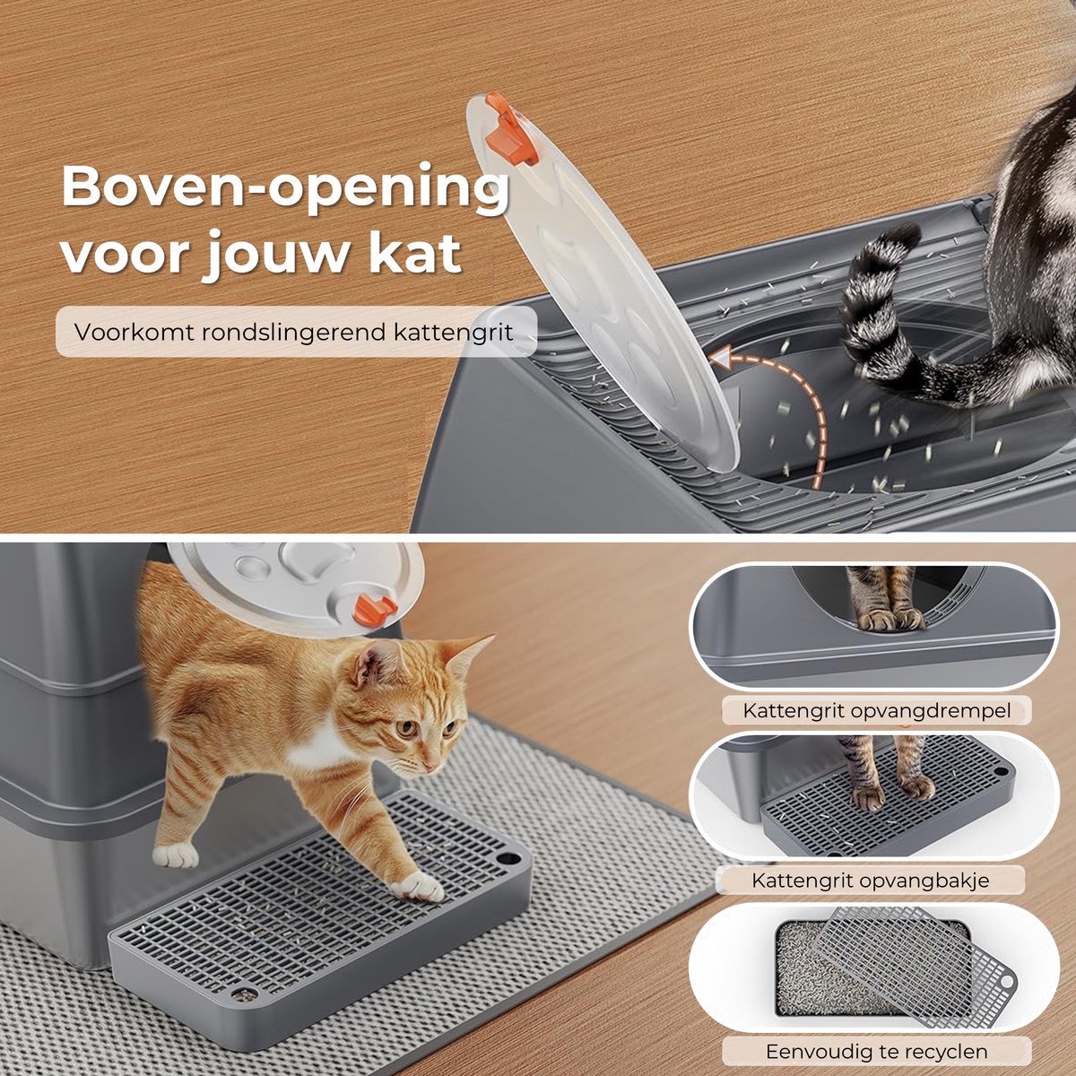 Miniatuur van productfoto 2 van CatElite® - Kattenbak RVS met Klep | Shell - Incl. Geurneutralisator - Incl. Kattenbakschep, Grit Opvanger & Uitloopmat - Voor Grote & Kleine Katten - 35L Inhoud - Donker Grijs