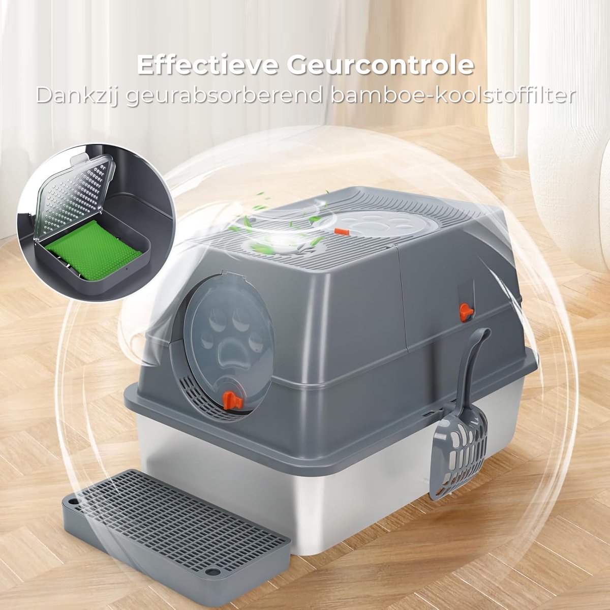 Miniatuur van productfoto 3 van CatElite® - Kattenbak RVS met Klep | Shell - Incl. Geurneutralisator - Incl. Kattenbakschep, Grit Opvanger & Uitloopmat - Voor Grote & Kleine Katten - 35L Inhoud - Donker Grijs
