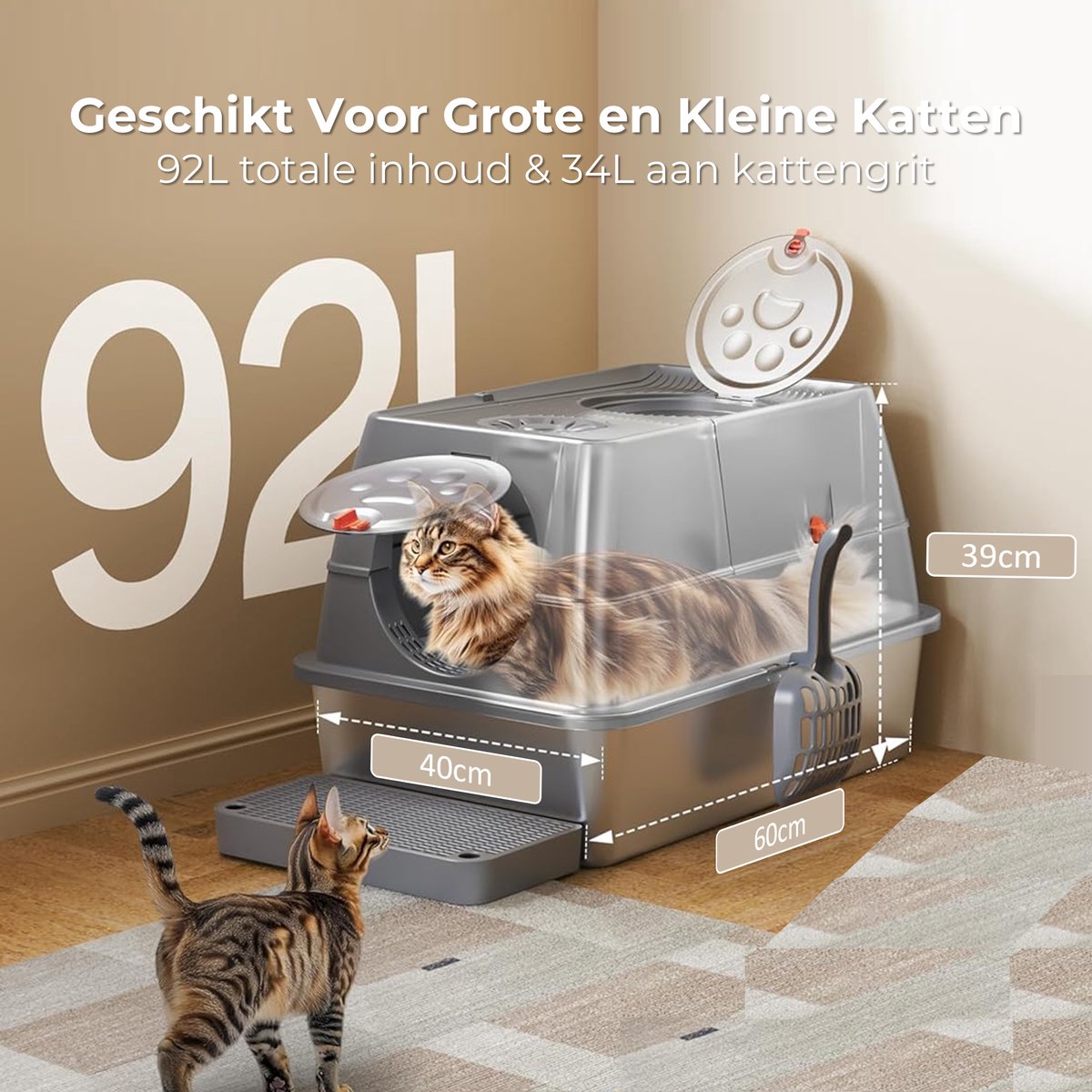 Miniatuur van productfoto 4 van CatElite® - Kattenbak RVS met Klep | Shell - Incl. Geurneutralisator - Incl. Kattenbakschep, Grit Opvanger & Uitloopmat - Voor Grote & Kleine Katten - 35L Inhoud - Donker Grijs