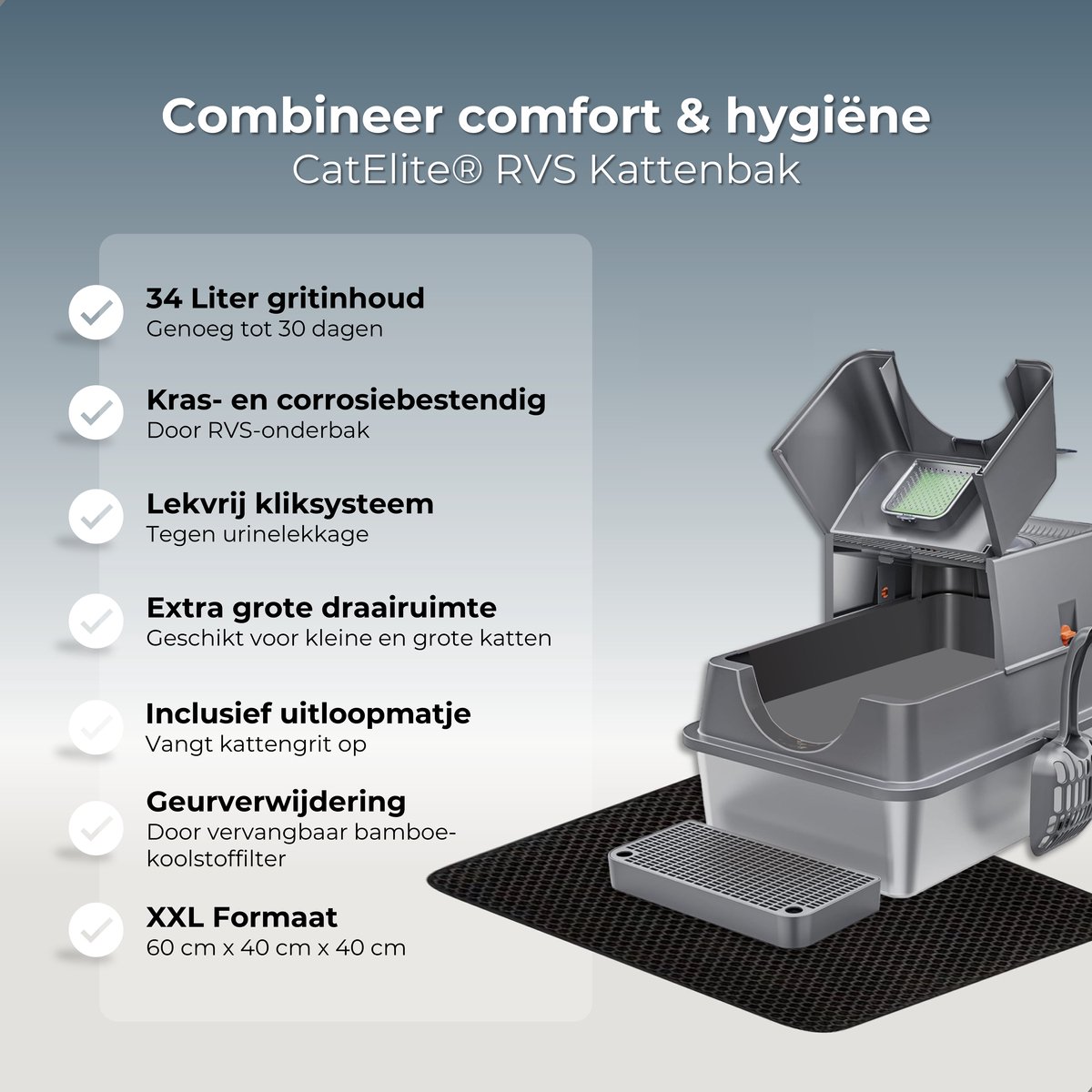 Miniatuur van productfoto 7 van CatElite® - Kattenbak RVS met Klep | Shell - Incl. Geurneutralisator - Incl. Kattenbakschep, Grit Opvanger & Uitloopmat - Voor Grote & Kleine Katten - 35L Inhoud - Donker Grijs