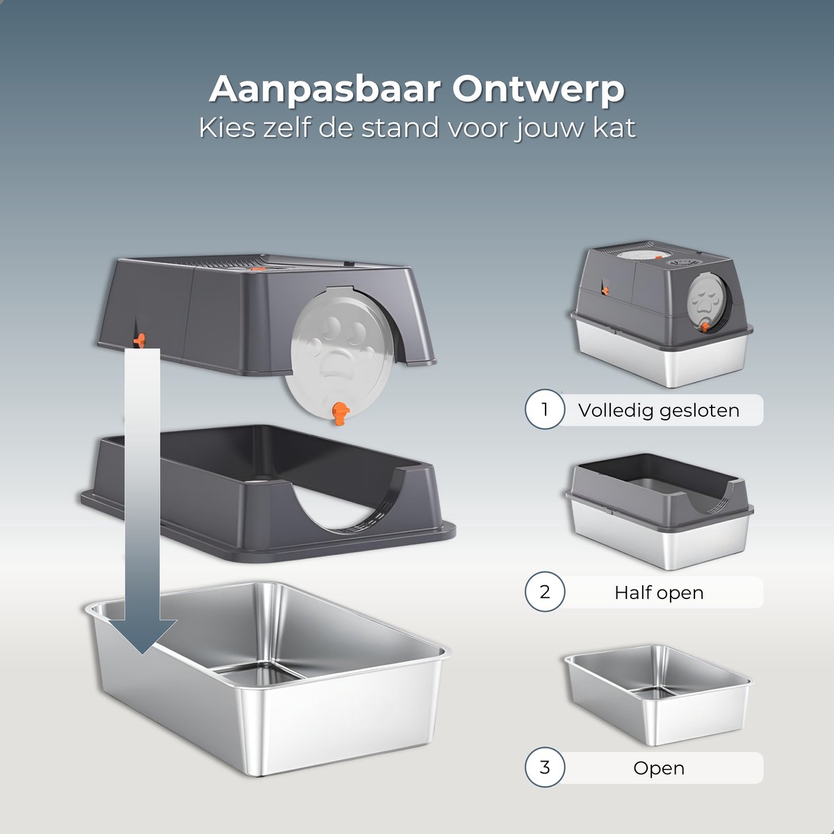 Miniatuur van productfoto 8 van CatElite® - Kattenbak RVS met Klep | Shell - Incl. Geurneutralisator - Incl. Kattenbakschep, Grit Opvanger & Uitloopmat - Voor Grote & Kleine Katten - 35L Inhoud - Donker Grijs