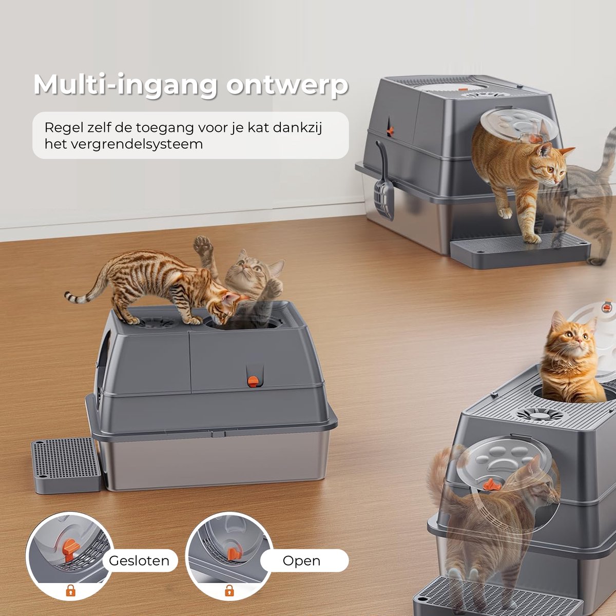 Miniatuur van productfoto 9 van CatElite® - Kattenbak RVS met Klep | Shell - Incl. Geurneutralisator - Incl. Kattenbakschep, Grit Opvanger & Uitloopmat - Voor Grote & Kleine Katten - 35L Inhoud - Donker Grijs