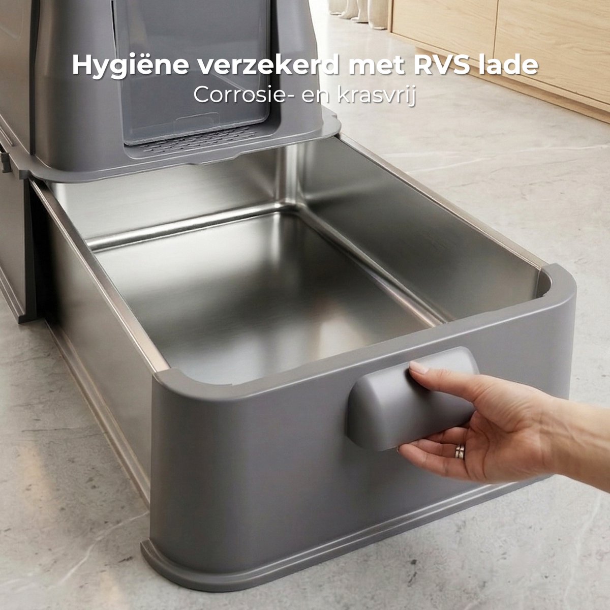 Miniatuur van productfoto 2 van CatElite® - Kattenbak RVS met Lade | Nest - Incl. Geurneutralisator - Incl. Kattenbakschep & Grit Opvanger - Voor Grote & Kleine Katten - 37L Inhoud Groot - Donker Grijs