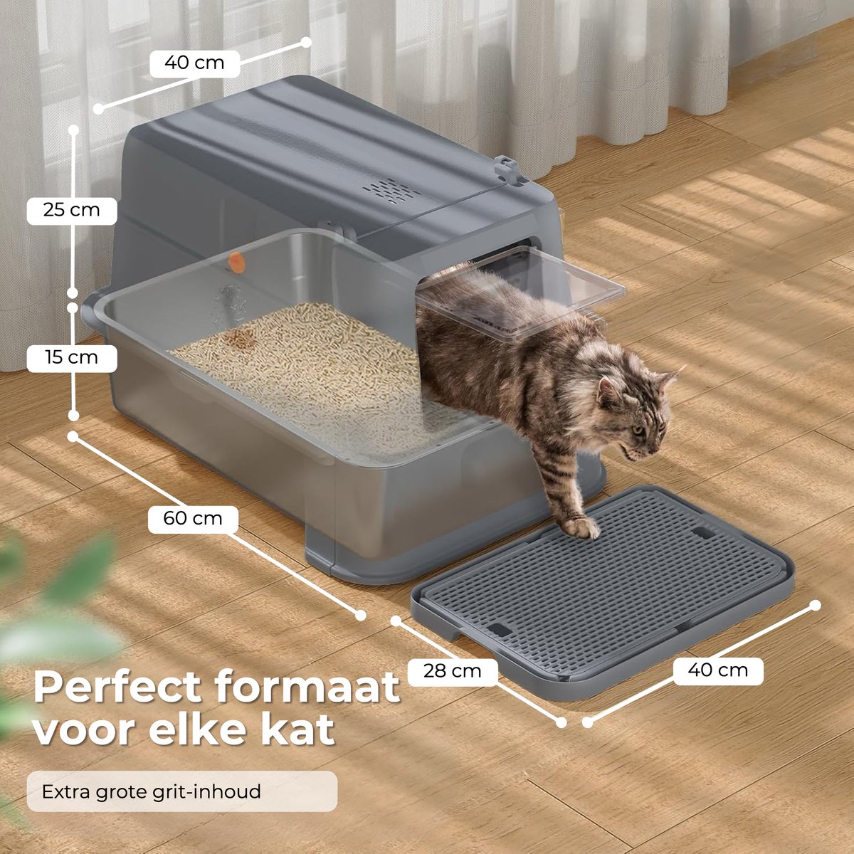 Miniatuur van productfoto 3 van CatElite® - Kattenbak RVS met Lade | Nest - Incl. Geurneutralisator - Incl. Kattenbakschep & Grit Opvanger - Voor Grote & Kleine Katten - 37L Inhoud Groot - Donker Grijs