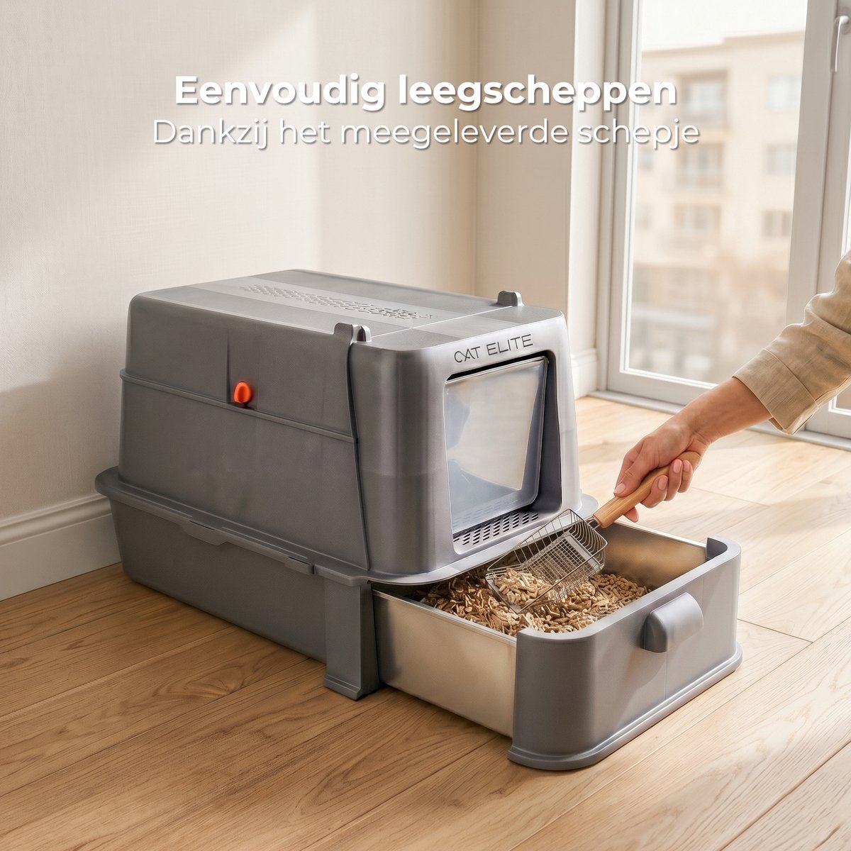 Miniatuur van productfoto 8 van CatElite® - Kattenbak RVS met Lade | Nest - Incl. Geurneutralisator - Incl. Kattenbakschep & Grit Opvanger - Voor Grote & Kleine Katten - 37L Inhoud Groot - Donker Grijs
