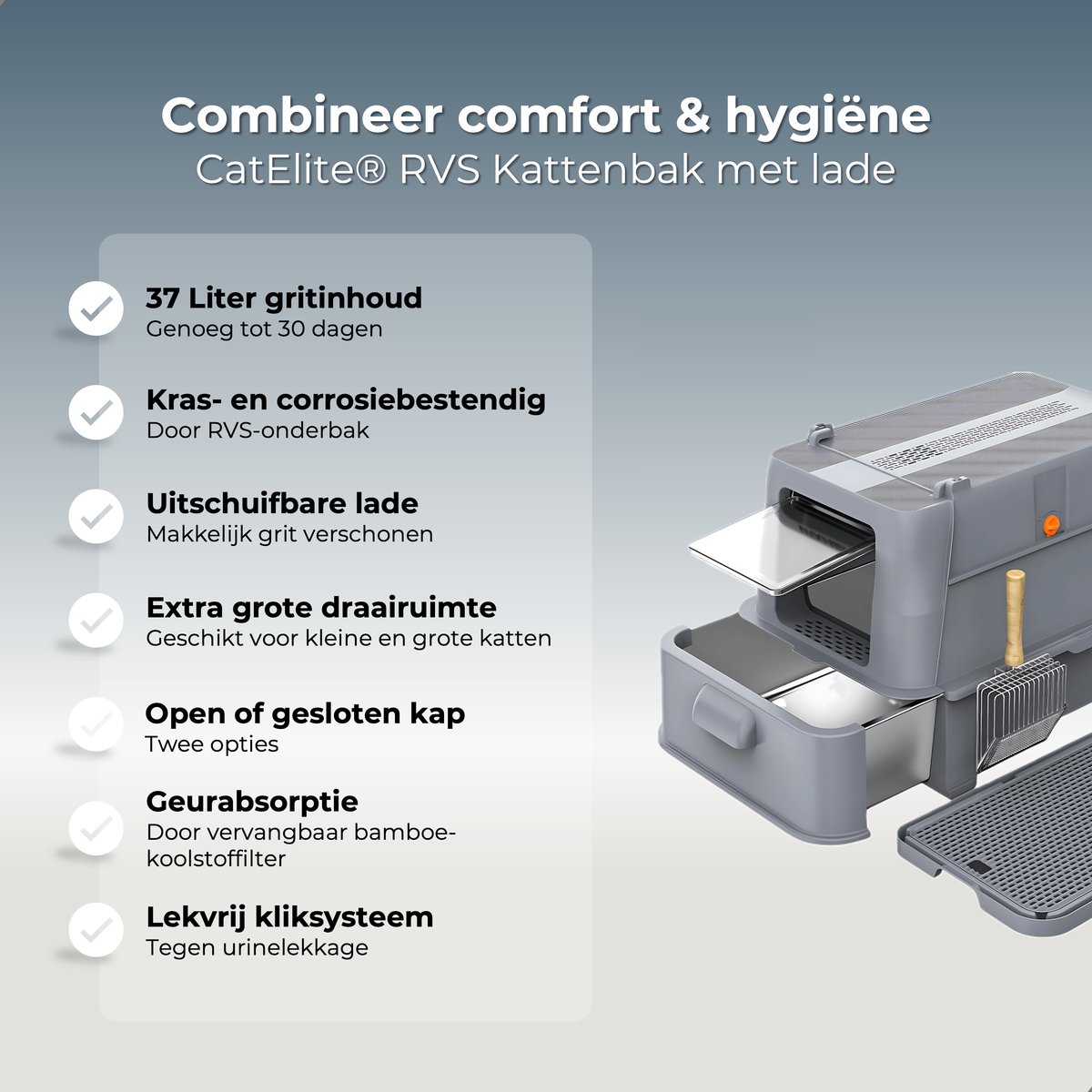 Miniatuur van productfoto 9 van CatElite® - Kattenbak RVS met Lade | Nest - Incl. Geurneutralisator - Incl. Kattenbakschep & Grit Opvanger - Voor Grote & Kleine Katten - 37L Inhoud Groot - Donker Grijs