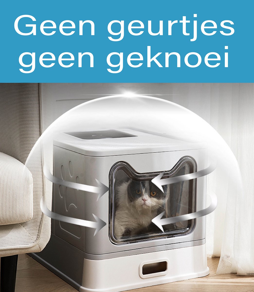 Miniatuur van productfoto 2 van RVS Kattenbak met deksel - lekvrij en makkelijk schoon te maken. Dé kattentoilet (38,3 x 51 x 41 cm) met lade én schep voor een fris en georganiseerd thuis