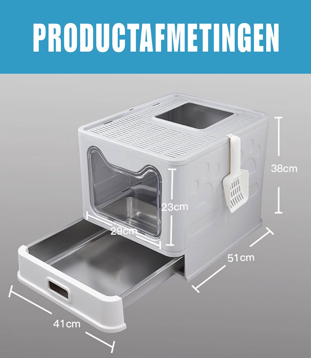 Miniatuur van productfoto 3 van RVS Kattenbak met deksel - lekvrij en makkelijk schoon te maken. Dé kattentoilet (38,3 x 51 x 41 cm) met lade én schep voor een fris en georganiseerd thuis