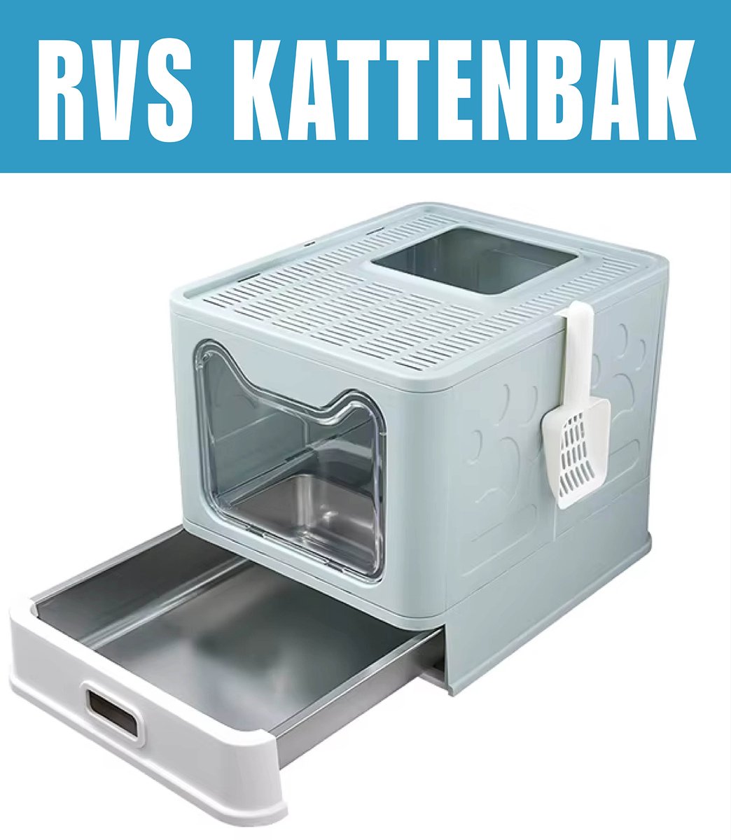 Miniatuur van productfoto 4 van RVS Kattenbak met deksel - lekvrij en makkelijk schoon te maken. Dé kattentoilet (38,3 x 51 x 41 cm) met lade én schep voor een fris en georganiseerd thuis
