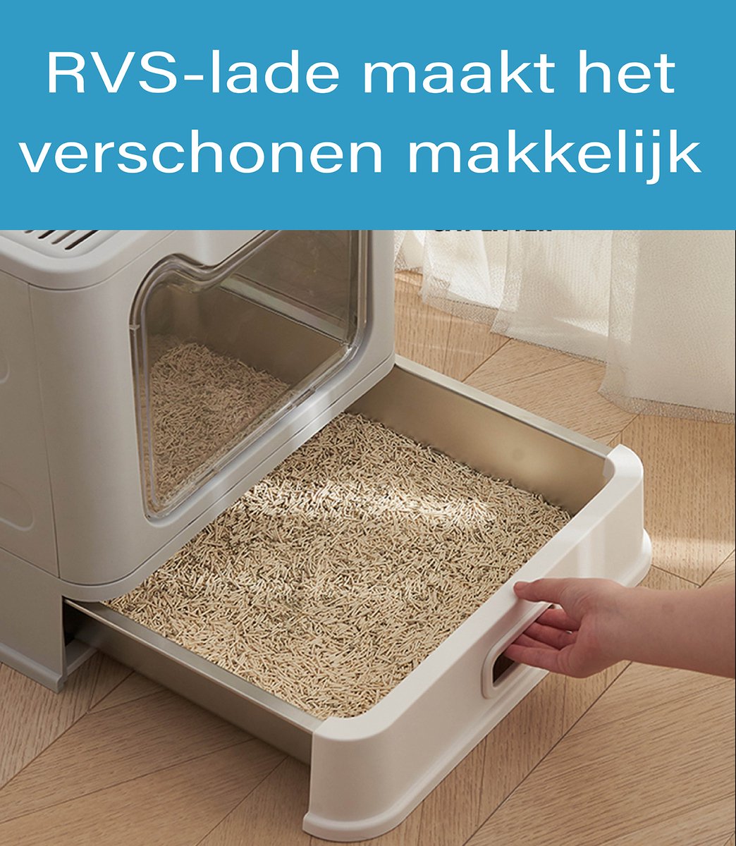 Miniatuur van productfoto 5 van RVS Kattenbak met deksel - lekvrij en makkelijk schoon te maken. Dé kattentoilet (38,3 x 51 x 41 cm) met lade én schep voor een fris en georganiseerd thuis