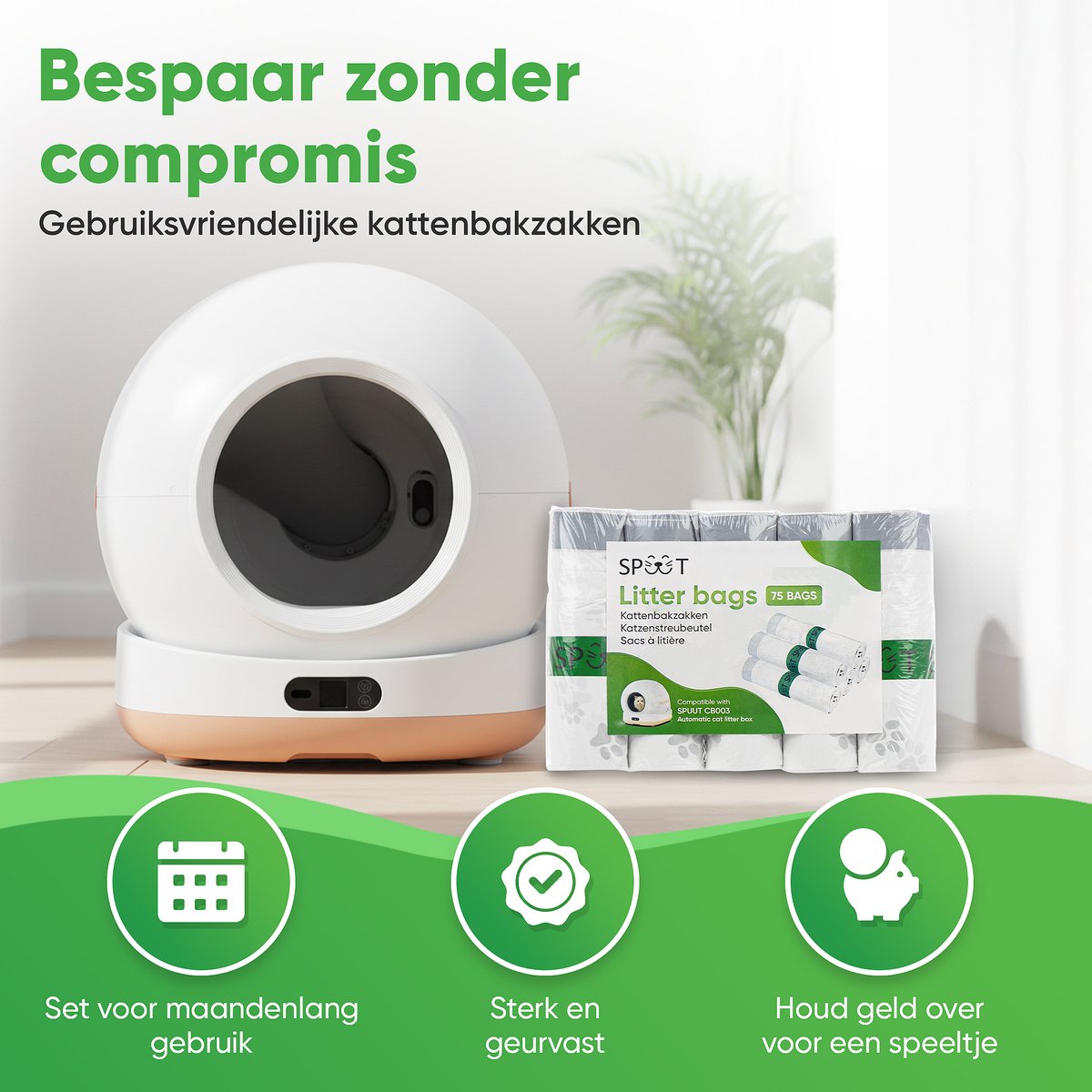 Miniatuur van productfoto 2 van SPUUT Kattenbakzakken - 75 stuks - Automatische kattenbakzakken - Extra stevig - 45x45 cm - 5 rollen - 15 stuks per rol