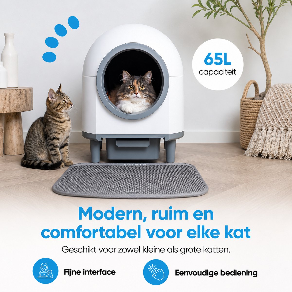 Miniatuur van productfoto 5 van Purloo Automatische Kattenbak 65L XXL - Zelfreinigend + 100 Zakjes en Grindmat