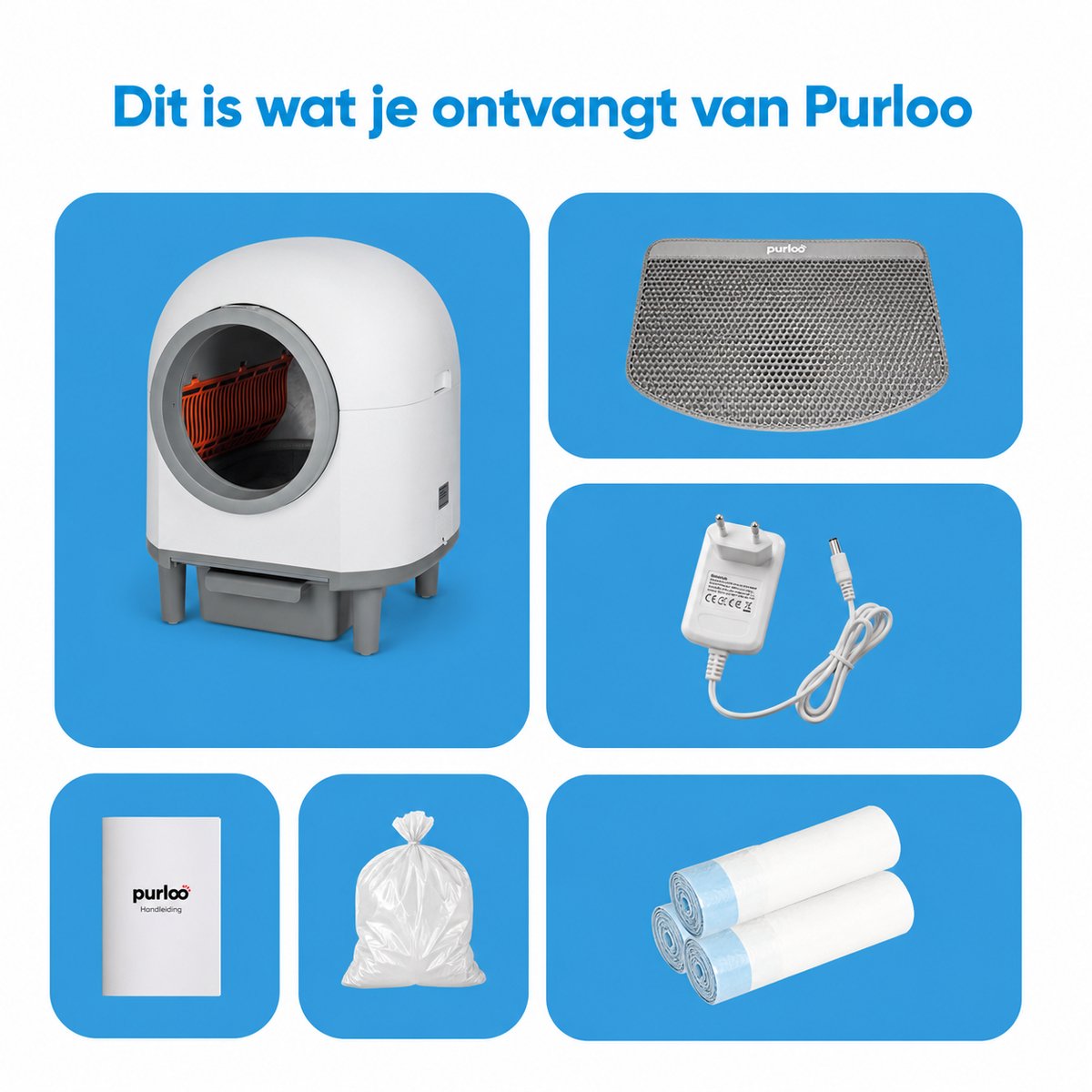 Miniatuur van productfoto 8 van Purloo Automatische Kattenbak 65L XXL - Zelfreinigend + 100 Zakjes en Grindmat