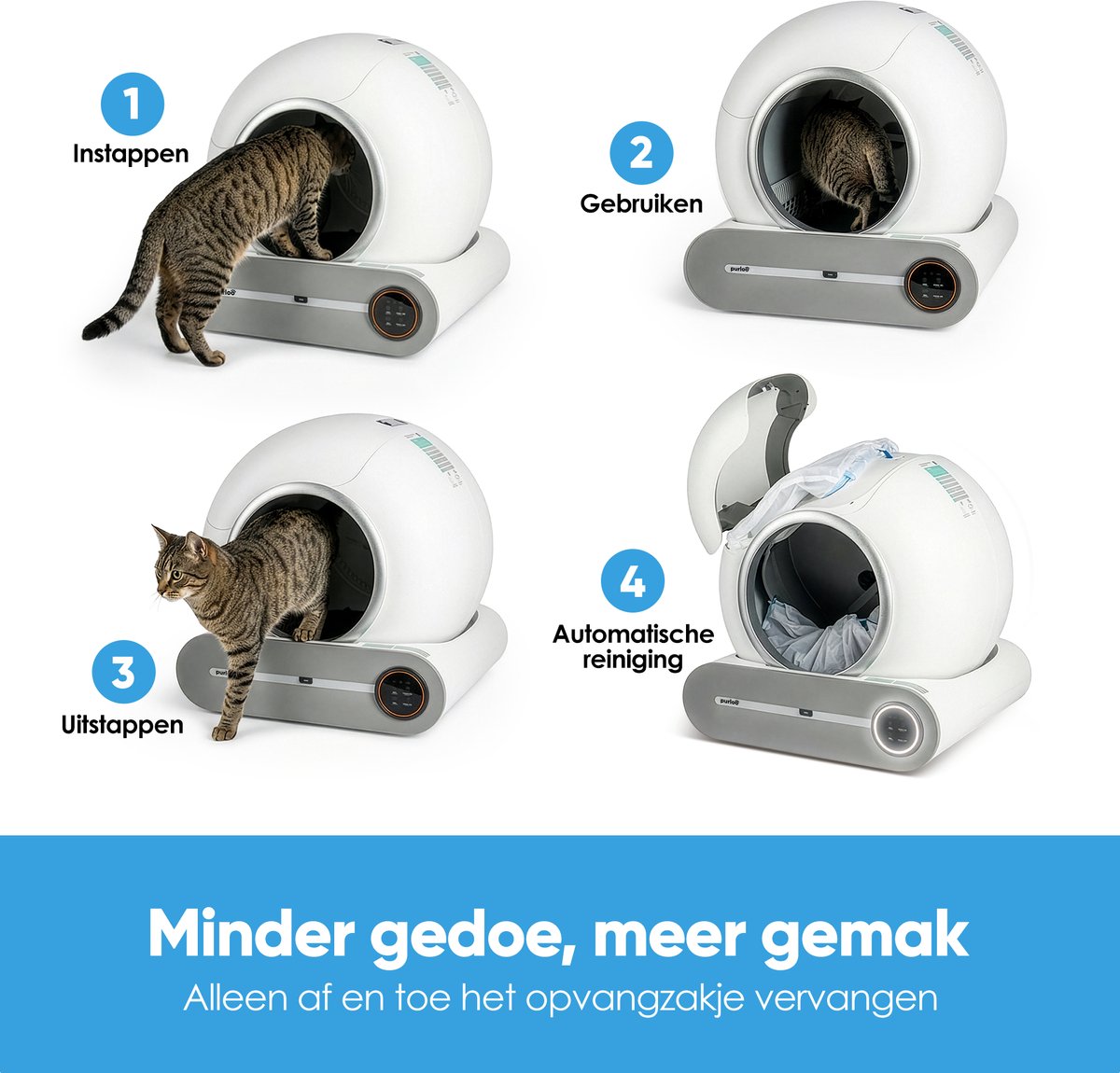 Miniatuur van productfoto 6 van Purloo Automatische Kattenbak 65L XXL - Zelfreinigend + 100 Zakjes en Grindmat