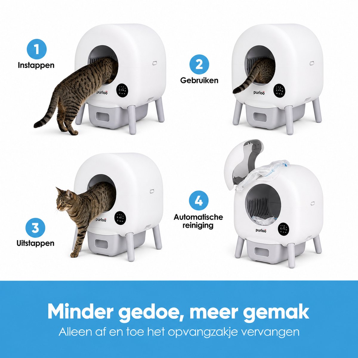Miniatuur van productfoto 6 van Purloo Automatische Kattenbak 65L XXL - Zelfreinigend + 100 Zakjes en Grindmat