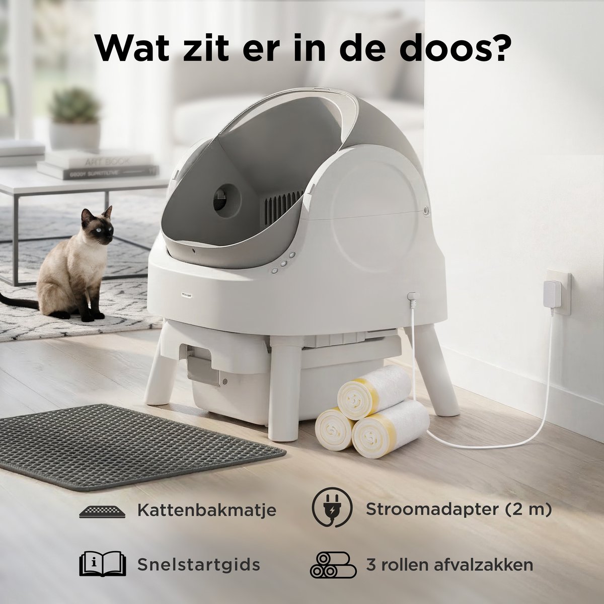 Miniatuur van productfoto 12 van TrevoPet® Automatische Kattenbak - Zelfreinigend & Veilig - Voor Katten tot 12KG - Incl. Mat, 60 Afvalzakjes & Accessoires - 10L Afvalbak - Wit & Grijs