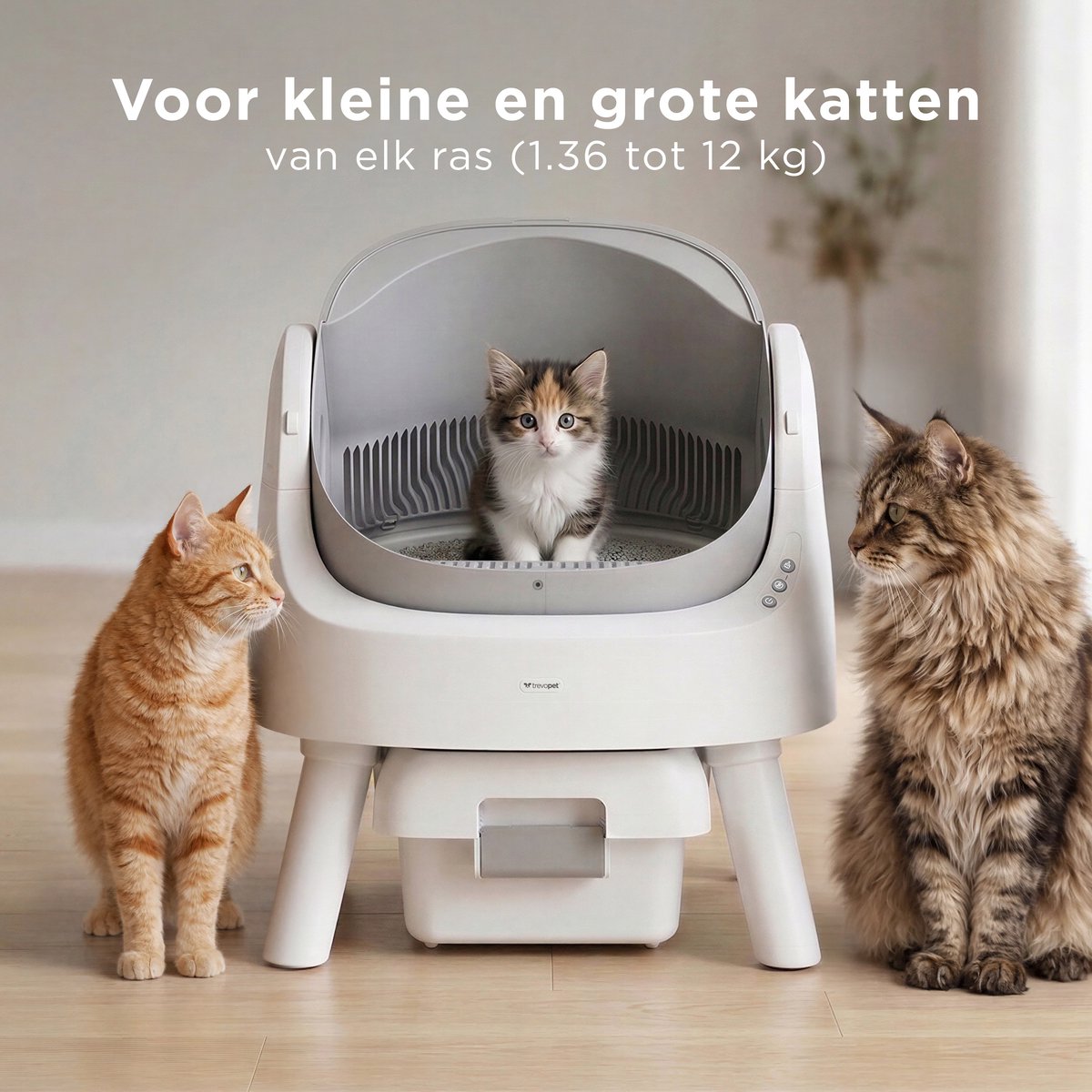 Miniatuur van productfoto 3 van TrevoPet® Automatische Kattenbak - Zelfreinigend & Veilig - Voor Katten tot 12KG - Incl. Mat, 60 Afvalzakjes & Accessoires - 10L Afvalbak - Wit & Grijs