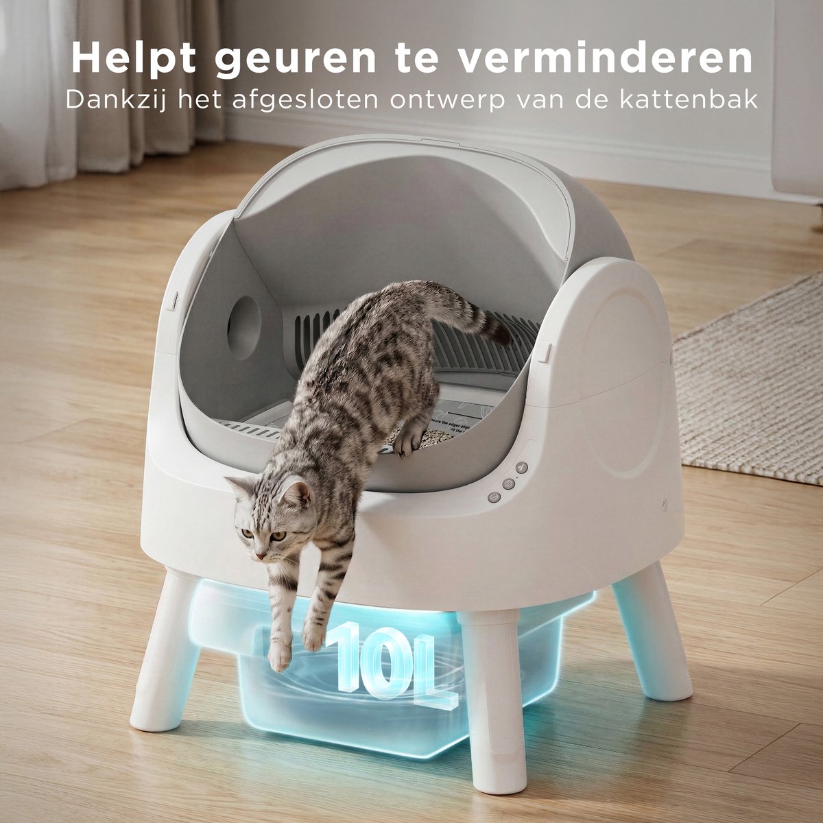 Miniatuur van productfoto 7 van TrevoPet® Automatische Kattenbak - Zelfreinigend & Veilig - Voor Katten tot 12KG - Incl. Mat, 60 Afvalzakjes & Accessoires - 10L Afvalbak - Wit & Grijs
