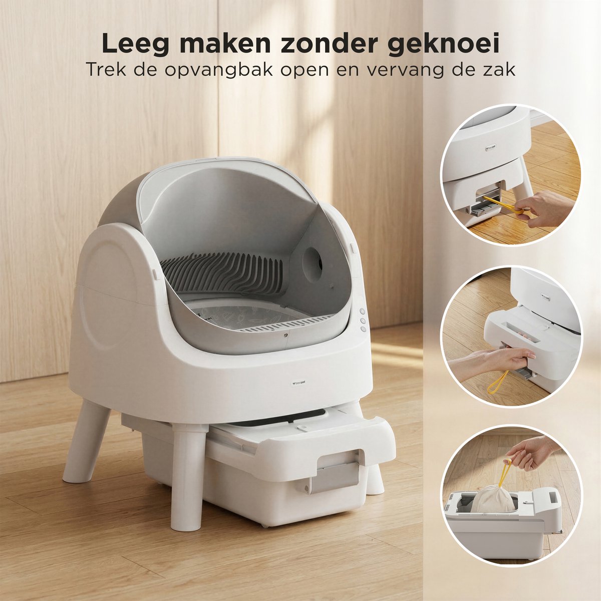 Miniatuur van productfoto 8 van TrevoPet® Automatische Kattenbak - Zelfreinigend & Veilig - Voor Katten tot 12KG - Incl. Mat, 60 Afvalzakjes & Accessoires - 10L Afvalbak - Wit & Grijs