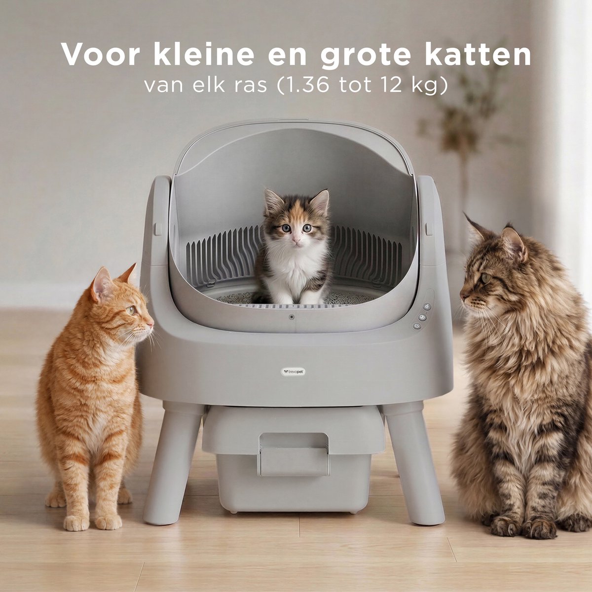 Miniatuur van productfoto 3 van TrevoPet® Automatische Kattenbak - Zelfreinigend & Veilig - Voor Katten tot 12KG - Incl. Mat, 60 Afvalzakjes & Accessoires - 10L Afvalbak - Grijs