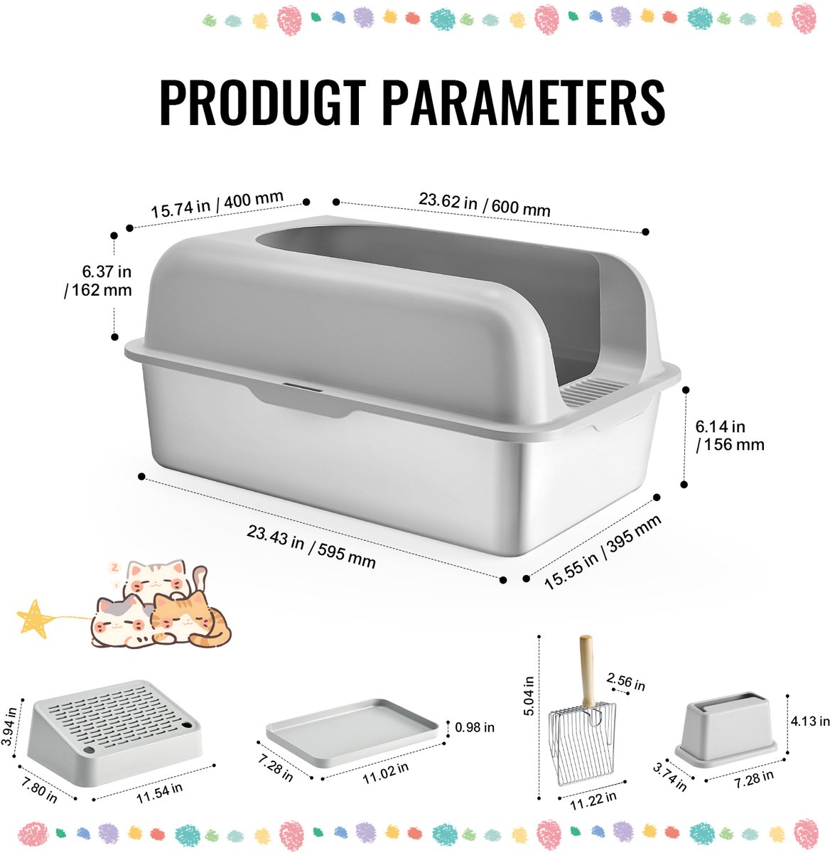 Miniatuur van productfoto 2 van XL Kattenbak Van Roestvrij Staal – 15 cm Diep, Geurvrij, met Filtervoet, Schep En Hoge Zijwanden, Gemakkelijk Schoon Te Maken, Ideaal voor Grote Katten, Inhoud 30 L