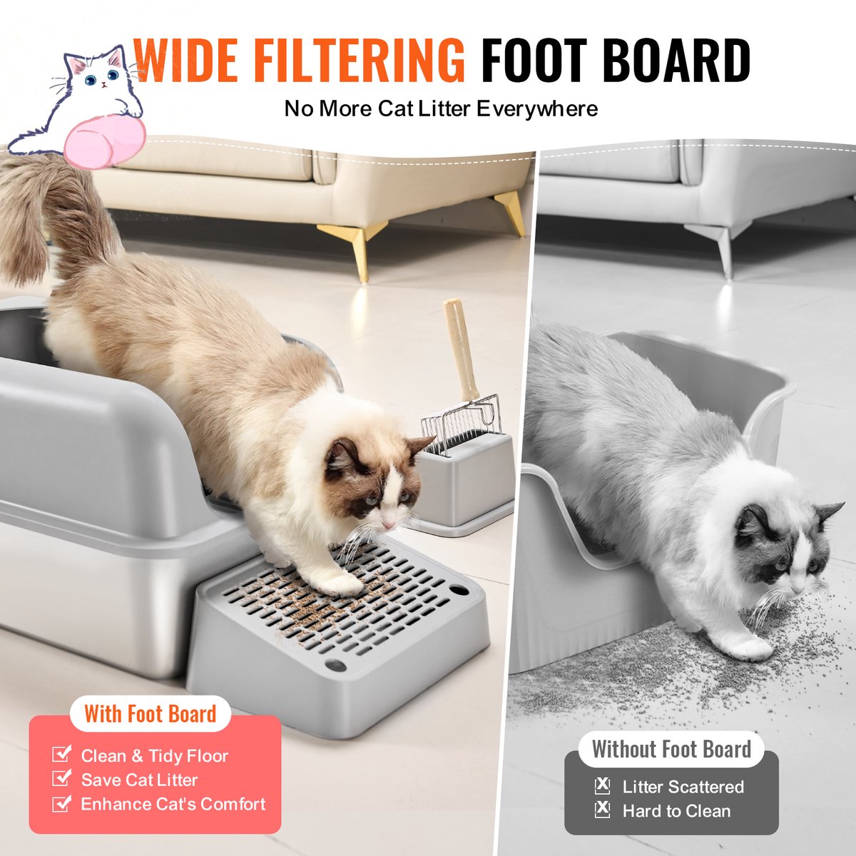 Miniatuur van productfoto 4 van XL Kattenbak Van Roestvrij Staal – 15 cm Diep, Geurvrij, met Filtervoet, Schep En Hoge Zijwanden, Gemakkelijk Schoon Te Maken, Ideaal voor Grote Katten, Inhoud 30 L