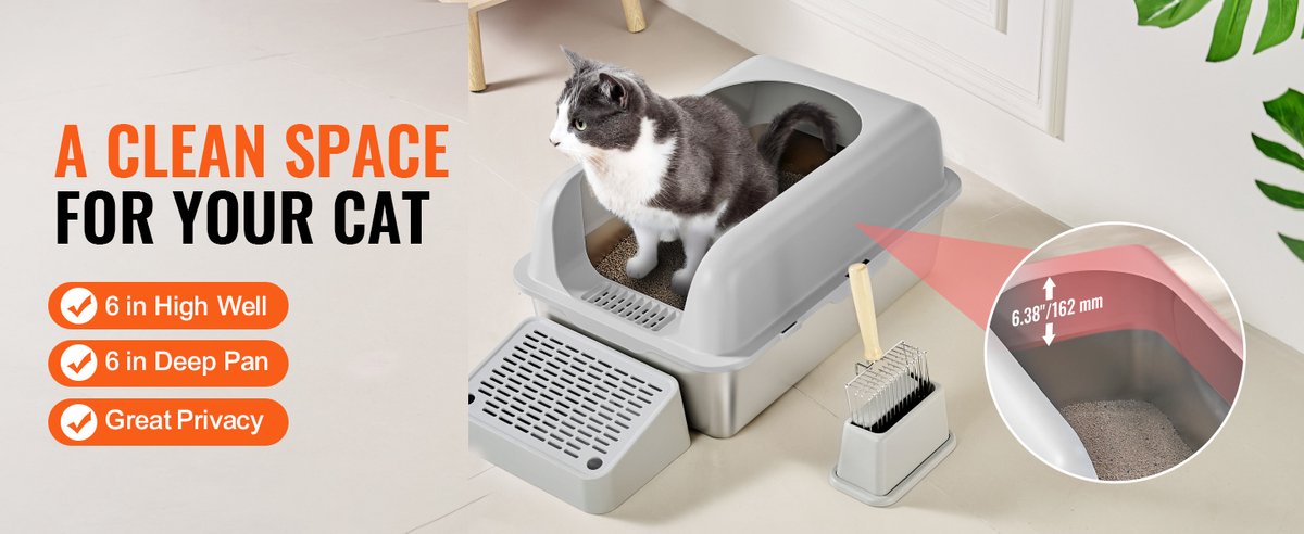 Miniatuur van productfoto 5 van XL Kattenbak Van Roestvrij Staal – 15 cm Diep, Geurvrij, met Filtervoet, Schep En Hoge Zijwanden, Gemakkelijk Schoon Te Maken, Ideaal voor Grote Katten, Inhoud 30 L
