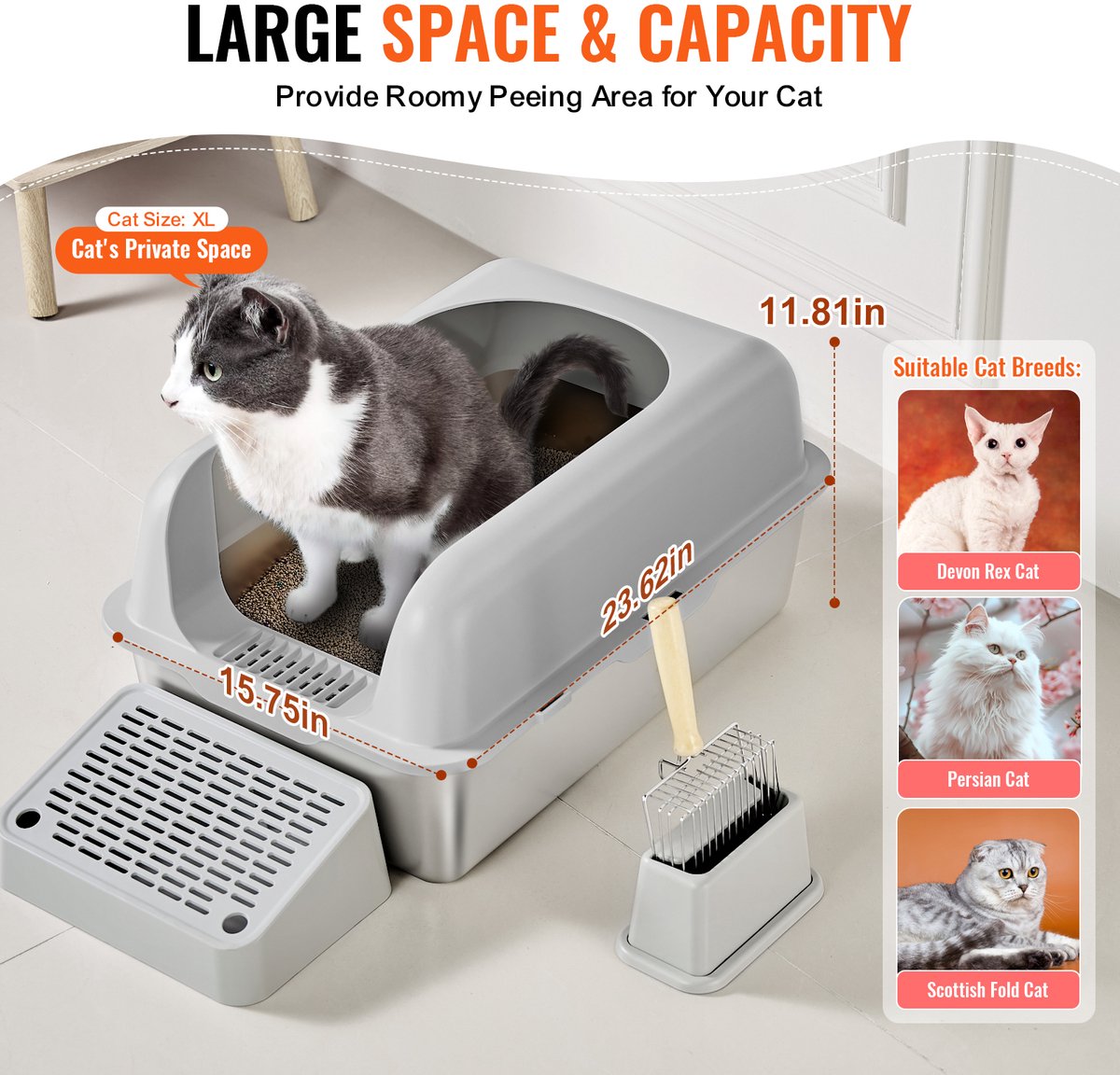 Miniatuur van productfoto 7 van XL Kattenbak Van Roestvrij Staal – 15 cm Diep, Geurvrij, met Filtervoet, Schep En Hoge Zijwanden, Gemakkelijk Schoon Te Maken, Ideaal voor Grote Katten, Inhoud 30 L