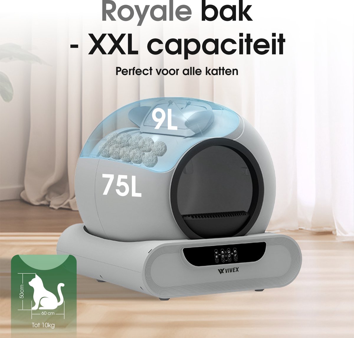 Miniatuur van productfoto 5 van Vivex® Automatische Kattenbak – Zelfreinigende Kattenbak - Elektrische Kattenbak Inclusief App – 75L - incl Matje en 5 Rollen opvangzakjes - XXL
