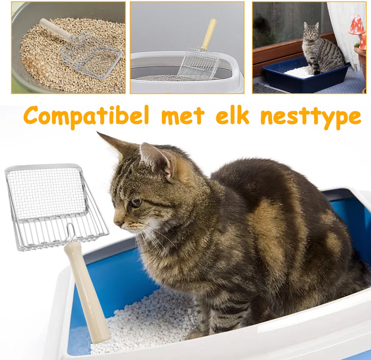 Miniatuur van productfoto 8 van Ynkkvre - Kattenbak Schep - Metalen Kattenbak Schep met Comfortabel Houten Handvat - Zandafstand 7 mm - Kattenbak Accessoire - Katten Schep