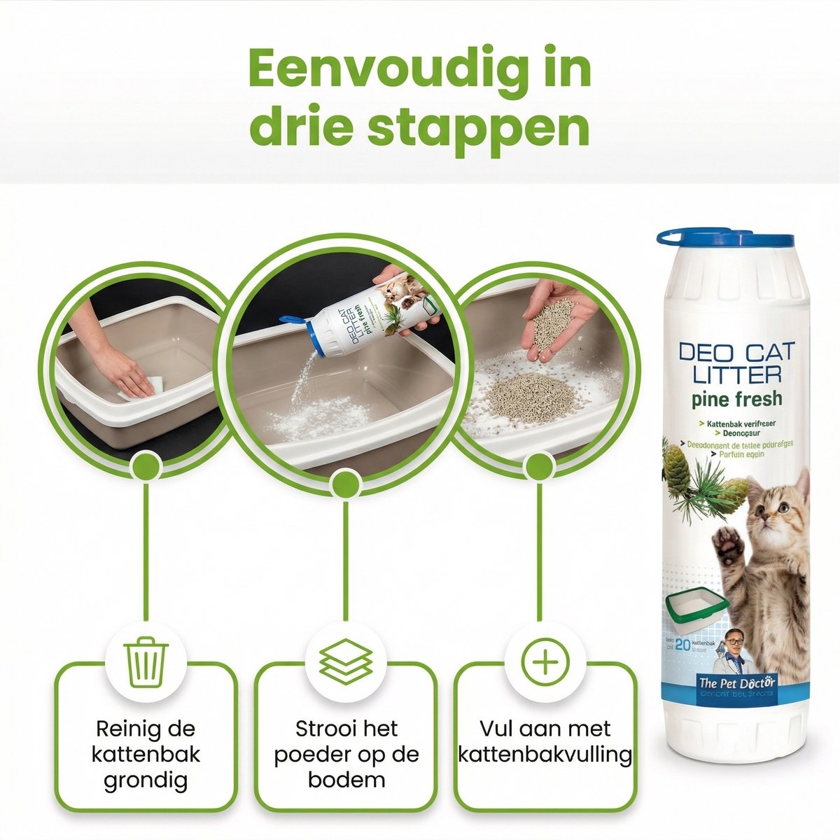 Productfoto 1 van 1 x The Pet Doctor – Kattenbak Verfrisser – Deo - Cat Litter Pine Fresh – 750 g - Kattenbak Geur Neutraliseren - Kattenbak Deodorant - Geurverdrijver Kattenbak - Kattenbak Frisse Geur