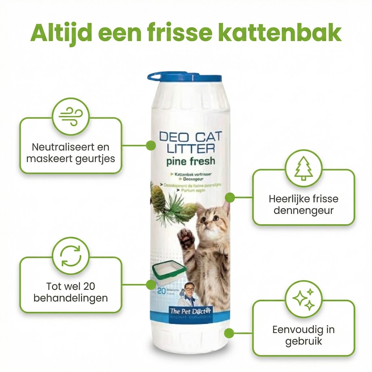 Miniatuur van productfoto 4 van 1 x The Pet Doctor – Kattenbak Verfrisser – Deo - Cat Litter Pine Fresh – 750 g - Kattenbak Geur Neutraliseren - Kattenbak Deodorant - Geurverdrijver Kattenbak - Kattenbak Frisse Geur