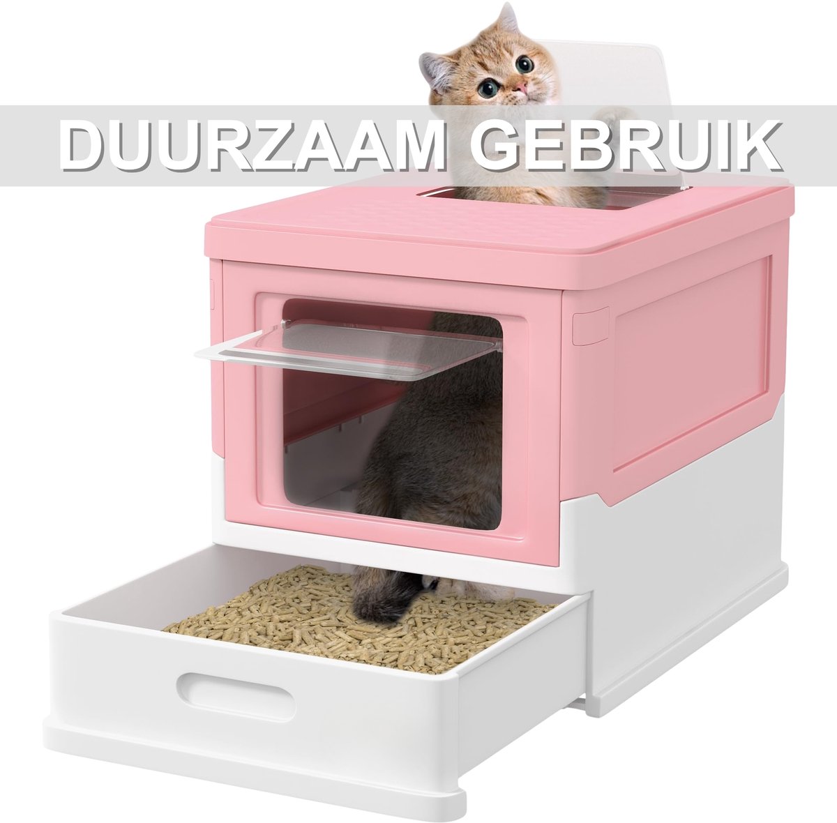 Miniatuur van productfoto 2 van Kattenbak met Deksel – Katten Toilet met Kap & Schep – Voor Katten tot 5 kg – Roze