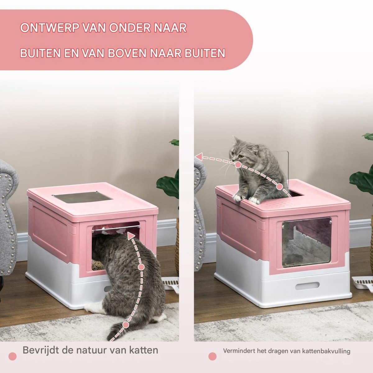 Miniatuur van productfoto 4 van Kattenbak met Deksel – Katten Toilet met Kap & Schep – Voor Katten tot 5 kg – Roze