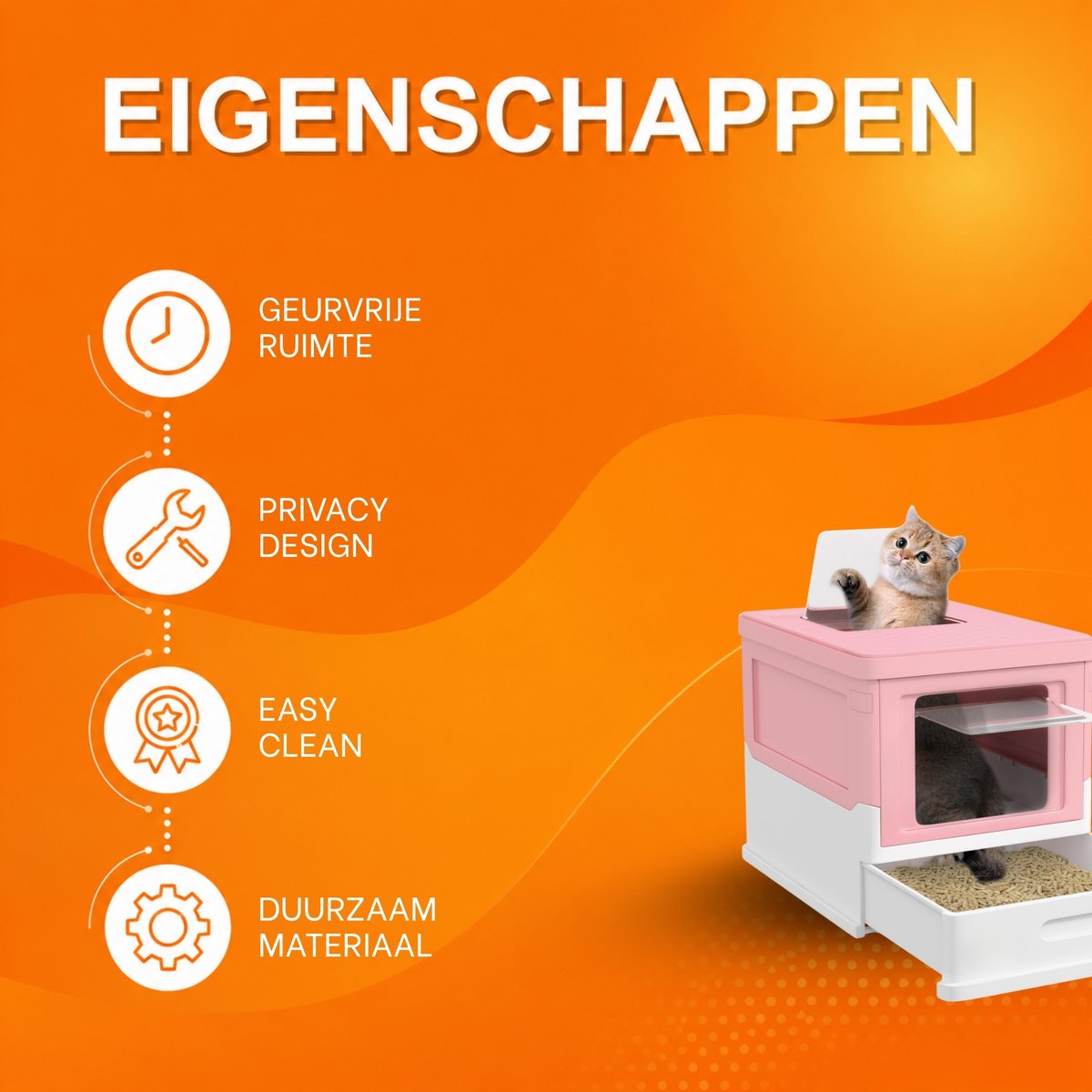 Miniatuur van productfoto 5 van Kattenbak met Deksel – Katten Toilet met Kap & Schep – Voor Katten tot 5 kg – Roze