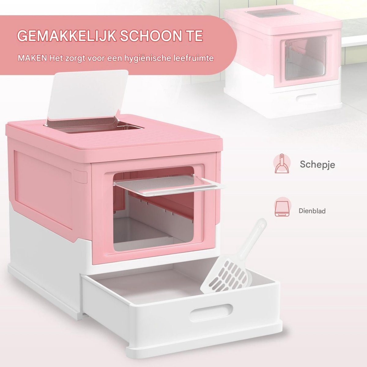 Miniatuur van productfoto 7 van Kattenbak met Deksel – Katten Toilet met Kap & Schep – Voor Katten tot 5 kg – Roze
