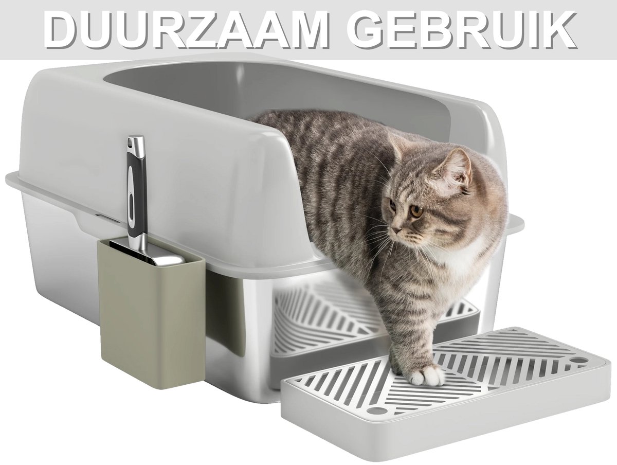 Miniatuur van productfoto 3 van RVS Kattenbak XXL Zonder Deksel – Met Schepje, Hoge Rand, Mat & Opbergbox – Lichtgrijs